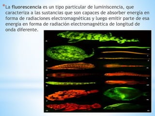 *La fluorescencia es un tipo particular de luminiscencia, que
caracteriza a las sustancias que son capaces de absorber energía en
forma de radiaciones electromagnéticas y luego emitir parte de esa
energía en forma de radiación electromagnética de longitud de
onda diferente.
 