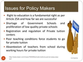 Issues for Policy Makers
http://www.dawn.com/news/765509/private-tuitions-just-an-easy-way-
out35
 Right to education is a fundamental right as per
Article 25A and how far we are successful
 Shortage of Government Schools and
proliferation of low quality private schools
 Registration and regulation of Private tuition
centers
 Poor teaching conditions force students to go
for private tuition
 Absenteeism of teachers from school during
working hours for private tuition
11/7/2016
 