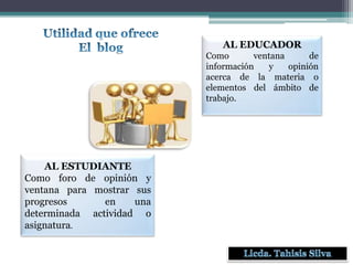 AL EDUCADOR
Como
ventana
de
información
y
opinión
acerca de la materia o
elementos del ámbito de
trabajo.

AL ESTUDIANTE
Como foro de opinión y
ventana para mostrar sus
progresos
en
una
determinada actividad o
asignatura.

 