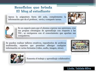 Apoya la asignatura fuera del aula, complementa la
información que da el profesor, envía y comparte tareas.

Es un espacio para que el alumno exprese sus opiniones, cree
sus propias estrategias de aprendizaje con respecto a las
TIC., se enriquezca con el conocimiento que aportan sus
compañeros.
Se pueden realizar talleres creativos, repositorios de archivos
multimedia, espacios que permitan albergar cualquier
información en varios formatos (video, audio, imagen, otros).

Fomenta el trabajo y aprendizaje colaborativo

 