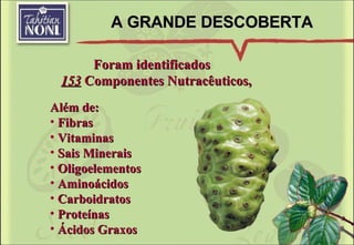 A GRANDE DESCOBERTA 153  Componentes Nutracêuticos, Além de: Fibras Vitaminas Sais Minerais Oligoelementos Aminoácidos Carboidratos Proteínas Ácidos Graxos Foram identificados 