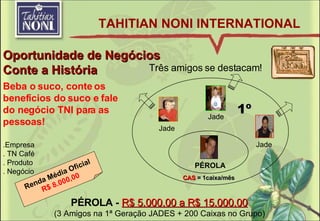 Oportunidade de Negócios Conte a História 1º Jade Jade Jade PÉROLA Três amigos se destacam! CAS  = 1caixa/mês PÉROLA -  R$ 5.000,00 a R$ 15.000,00   (3 Amigos na 1 ª Geração JADES  + 200 Caixas no Grupo)  Renda Média Oficial R$ 8.000,00 .Empresa . TN Café . Produto . Negócio Beba o suco, conte os benefícios do suco e fale do negócio TNI para as pessoas! TAHITIAN NONI INTERNATIONAL 