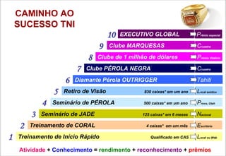 Atividade   +   Conhecimento   =   rendimento   +   reconhecimento   +   prêmios  CAMINHO AO SUCESSO TNI  Treinamento de Início Rápido  Qualificado em CAS  L ocal ou Web  1 Treinamento de CORAL  4 caixas*  em um mês  E scritório  2 Seminário de JADE  125 caixas* em 6 meses  N acional  3 Seminário de PÉROLA   500 caixas* em um ano  P rovo, Utah  4 Retiro de Visão  830 caixas* em um ano  L ocal exótico  5 Clube PÉROLA NEGRA  C ruzeiro  7 Clube de 1 milhão de dólares  P rêmio Vitalício 8 Clube MARQUESAS  C ruzeiro  9 EXECUTIVO GLOBAL  P rêmio especial 10 Diamante Pérola OUTRIGGER   Tahiti  6 