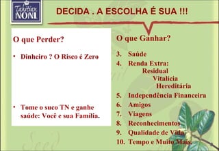 O que Ganhar? Saúde Renda Extra:  Residual  Vitalícia  Hereditária  Independência Financeira Amigos Viagens Reconhecimentos Qualidade de Vida Tempo e Muito Mais.  O que Perder? Dinheiro ? O Risco é Zero  Tome o suco TN e ganhe saúde: Você e sua Família . DECIDA . A ESCOLHA É SUA !!! 
