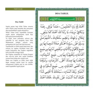 Tahlil Arwah


                                              DOA TAHLIL


               Doa Tahlil

Segala pujian bagi Allah Tuhan semesta
alam. Pujian yang memadai dan menyamai
akan pertambahan segala nikmatNya.
Wahai Tuhan kami, kepadaMu tertumpu
segala pujian sebagaimana layak bagi
kebesaran pemerintahanMu.
Ya Allah, kami pohonkan selawat dan
salamMu ke atas penghulu kami Nabi
Muhammad       sebagai     selawat    yang
melepaskan diri kami dari bala bencana,
Tunaikanlah ya Allah segala hajat kami, dan
selawat itu engkau bersihkan kami dari
segala keburukan dan Engkau angkatkan
kami disisiMu setinggi darjat
dan Engkau sampaikan ke hujung harapan
dan cita-cita kami dari segala kebaikan
semasa kami hidup dan selepas mati.
Maha suci Engkau ya Allah, kami tidak
dapat mengira pujian kami ke atasMu
sebagaimana Engkau puji ke atas diriMu,
maka kepadaMu segala pujian




                  - 79 -
 