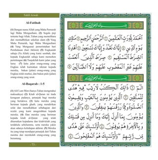 Tahlil Arwah

              Al-Fatihah

(1) Dengan nama Allah yang Maha Pemurah
lagi Maha Mengasihani, (2) Segala puji
tertentu bagi Allah, Tuhan yang memelihara
dan mentadbirkan sekalian alam (3) Yang
Maha Pemurah, lagi Maha Mengasihani
(4) Yang Menguasai pemerintahan hari
Pembalasan (hari Akhirat) (5) Engkaulah
sahaja (Ya Allah) yang kami sembah, dan
kepada Engkaulah sahaja kami memohon
pertolongan (6) Tunjukilah kami jalan yang
lurus (7) Iaitu jalan orang-orang yang
Engkau telah kurniakan nikmat kepada
mereka, bukan (jalan) orang-orang yang
Engkau telah murkai, dan bukan pula (jalan)
orang-orang yang sesat.

          Al-Baqarah : 1-5

(1) Alif Lam Mim (hanya Tuhan mengetahui
maksudnya) (2) Kitab al-Quran ini tiada
keraguan padanya, petunjuk bagi mereka
yang bertakwa. (3) Iaitu mereka yang
beriman kepada ghaib, yang mendirikan
solat dan menafkahkan sebahagian dari
rezeki yang kami anugerahkan kepada
mereka. (4) Dan mereka yang beriman
kepada kitab al-Quran          yang telah
diturunkan kepadamu dan kitab-kitab yang
terdahulu sebelummu, serta mereka yakin
akan adanya kehidupan akhirat. (5) Mereka
itu yang tetap mendapat petunjuk dari Tuhan
mereka dan merekalah orang-orang yang
beruntung.

                  - 73 -
 