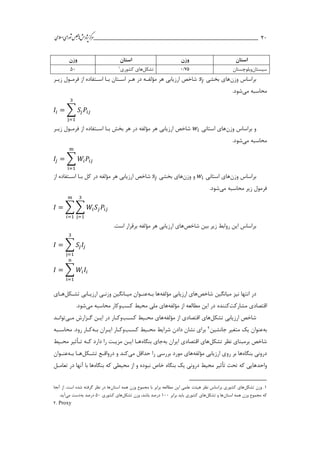 ___________________________________________________‫ش‬‫ه‬‫ژپو‬‫ز‬‫ك‬‫ر‬‫م‬‫ال‬‫س‬‫ا‬‫ي‬‫ا‬‫ر‬‫و‬‫ش‬‫س‬‫ل‬‫ج‬‫م‬‫اه‬‫يم‬ 21
‫استان‬‫وزن‬‫استان‬‫وزن‬
‫سیستان‬‫وبلوچستان‬‫تشکل‬‫كشوري‬ ‫هاي‬1
51
‫وزن‬ ‫براساس‬‫بخشي‬ ‫هاي‬𝑠𝑗‫زيار‬ ‫فرماول‬ ‫از‬ ‫اساتفاده‬ ‫باا‬ ‫اساتان‬ ‫هار‬ ‫در‬ ‫مؤلفاه‬ ‫هر‬ ‫ارزيابي‬ ‫شاخص‬
‫مي‬ ‫محاسبه‬.‫شود‬
𝐼𝑖 = ∑ 𝑆𝑗 𝑃𝑖𝑗
3
j=1
‫وزن‬ ‫براساس‬ ‫و‬‫استاني‬ ‫هاي‬𝑤𝑖‫زيار‬ ‫فرماول‬ ‫از‬ ‫اساتفاده‬ ‫باا‬ ‫بخش‬ ‫هر‬ ‫در‬ ‫مؤلفه‬ ‫هر‬ ‫ارزيابي‬ ‫شاخص‬
‫مي‬ ‫محاسبه‬.‫شود‬
𝐼𝑗 = ∑ 𝑊𝑖 𝑃𝑖𝑗
m
i=1
‫وزن‬ ‫براساس‬‫استاني‬ ‫هاي‬𝑤𝑖‫وزن‬ ‫و‬‫بخشي‬ ‫هاي‬𝑠𝑗‫از‬ ‫اساتفاده‬ ‫باا‬ ‫كل‬ ‫در‬ ‫مؤلفه‬ ‫هر‬ ‫ارزيابي‬ ‫شاخص‬
‫مي‬ ‫محاسبه‬ ‫زير‬ ‫فرمول‬.‫شود‬
𝐼 = ∑ ∑ 𝑊𝑖 𝑆𝑗 𝑃𝑖𝑗
3
j=1
𝑚
𝑖=1
‫شاخص‬ ‫بین‬ ‫زير‬ ‫روابط‬ ‫اين‬ ‫براساس‬.‫است‬ ‫برقرار‬ ‫مؤلفه‬ ‫هر‬ ‫ارزيابي‬ ‫هاي‬
𝐼 = ∑ 𝑆𝑗 𝐼𝑗
3
j=1
𝐼 = ∑ 𝑊𝑖 𝐼𝑖
n
i=1
‫شاخص‬ ‫میانگین‬ ‫نیز‬ ‫انتها‬ ‫در‬‫ارزيابي‬ ‫هاي‬‫مؤلفه‬‫باه‬ ‫ها‬‫عناوان‬‫م‬‫یا‬‫انگ‬‫ی‬‫ن‬‫وزنا‬‫ي‬‫ارز‬‫يا‬‫اب‬‫ي‬‫تشاکل‬‫هاا‬‫ي‬
‫اقتصاد‬‫ي‬‫مشاركت‬‫كننده‬‫مؤلفه‬ ‫از‬ ‫مطالعه‬ ‫اين‬ ‫در‬‫كسب‬ ‫محیط‬ ‫ملي‬ ‫هاي‬‫و‬‫مي‬ ‫محاسبه‬ ‫كار‬.‫شود‬
‫تشکل‬ ‫ارزيابي‬ ‫شاخص‬‫مؤلفه‬ ‫از‬ ‫اقتصادي‬ ‫هاي‬‫كساب‬ ‫محایط‬ ‫هاي‬‫ماي‬ ‫گازارش‬ ‫ايان‬ ‫در‬ ‫وكاار‬‫تواناد‬
‫به‬‫جانشین‬ ‫متغیر‬ ‫يك‬ ‫عنوان‬2‫كساب‬ ‫محایط‬ ‫شرايط‬ ‫دادن‬ ‫نشان‬ ‫براي‬‫باه‬ ‫اياران‬ ‫وكاار‬‫محاسابه‬ .‫رود‬ ‫كاار‬
‫تشکل‬ ‫نظر‬ ‫برمبناي‬ ‫شاخص‬‫به‬ ‫ايران‬ ‫اقتصادي‬ ‫هاي‬‫بنگاه‬ ‫جاي‬‫محایط‬ ‫تاأثیر‬ ‫كاه‬ ‫دارد‬ ‫را‬ ‫مزيات‬ ‫ايان‬ ‫هاا‬
‫بنگاه‬ ‫دروني‬‫مؤلفه‬ ‫ارزيابي‬ ‫روي‬ ‫بر‬ ‫ها‬‫مي‬ ‫حداقل‬ ‫را‬ ‫بررسي‬ ‫مورد‬ ‫هاي‬‫تشاکل‬ ‫درواقاع‬ ‫و‬ ‫كند‬‫باه‬ ‫هاا‬‫عناوان‬
‫واحد‬‫تح‬ ‫كه‬ ‫هايي‬‫بنگاه‬ ‫يك‬ ‫دروني‬ ‫محیط‬ ‫تأثیر‬ ‫ت‬‫بنگاه‬ ‫كه‬ ‫محیطي‬ ‫از‬ ‫و‬ ‫نبوده‬ ‫خاص‬‫تعامال‬ ‫در‬ ‫آنها‬ ‫با‬ ‫ها‬
1‫تشکل‬ ‫وزن‬ .‫وزن‬ ‫مجموع‬ ‫با‬ ‫برابر‬ ‫مطالعه‬ ‫اين‬ ‫علمي‬ ‫هیئت‬ ‫نظر‬ ‫براساس‬ ‫كشوري‬ ‫هاي‬‫استان‬ ‫همه‬‫آنجا‬ ‫از‬ .‫است‬ ‫شده‬ ‫گرفته‬ ‫نظر‬ ‫در‬ ‫ها‬
‫استان‬ ‫همه‬ ‫وزن‬ ‫مجموع‬ ‫كه‬‫تشکل‬ ‫و‬ ‫ها‬‫ها‬‫برابر‬ ‫بايد‬ ‫كشوري‬ ‫ي‬111‫تشکل‬ ‫وزن‬ ،‫باشد‬ ‫درصد‬‫كشوري‬ ‫هاي‬51‫به‬ ‫درصد‬‫مي‬ ‫دست‬.‫آيد‬
2. Proxy
 