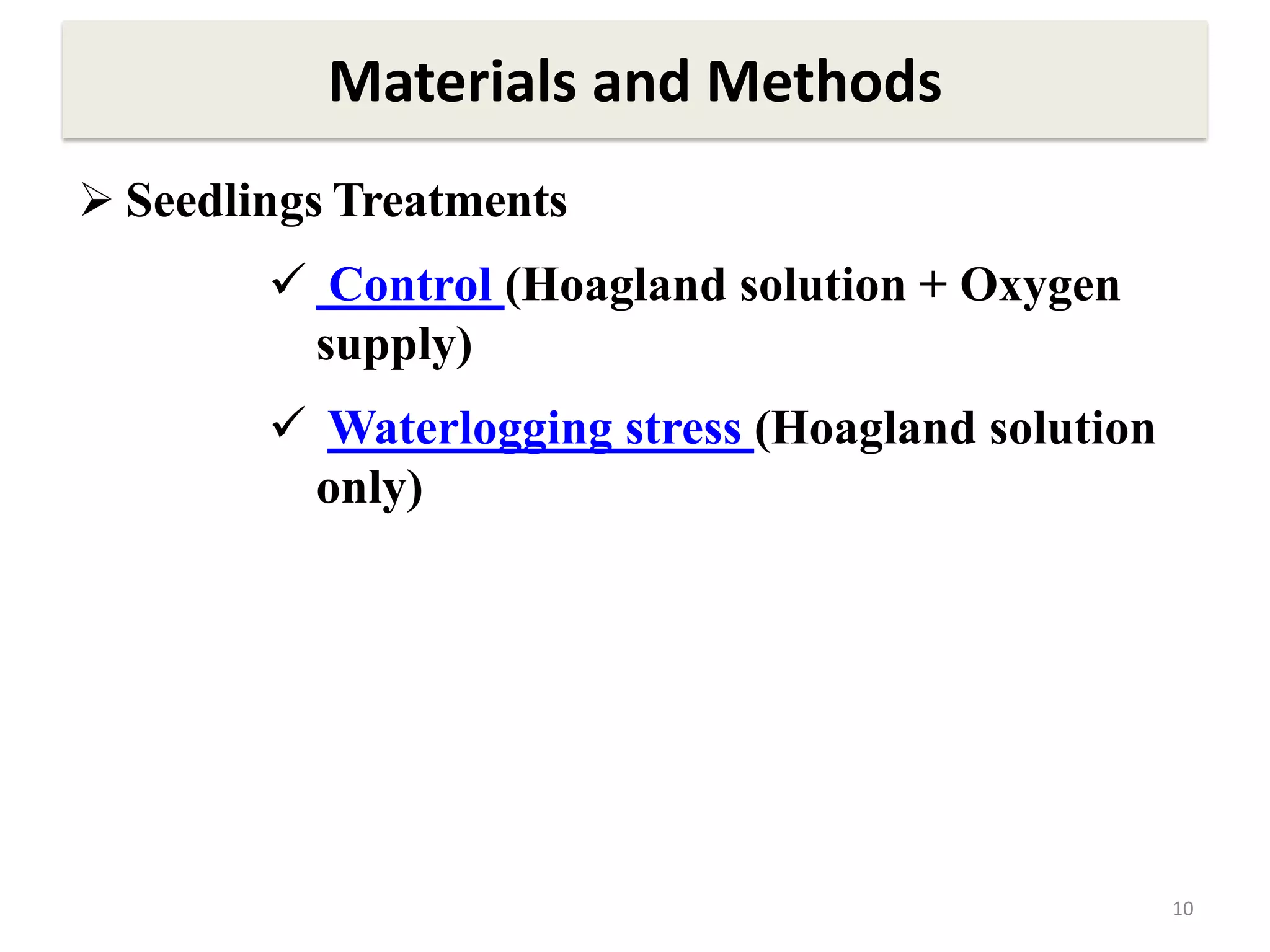 10
Materials and Methods
 Seedlings Treatments
 Control (Hoagland solution + Oxygen
supply)
 Waterlogging stress (Hoagland solution
only)
 