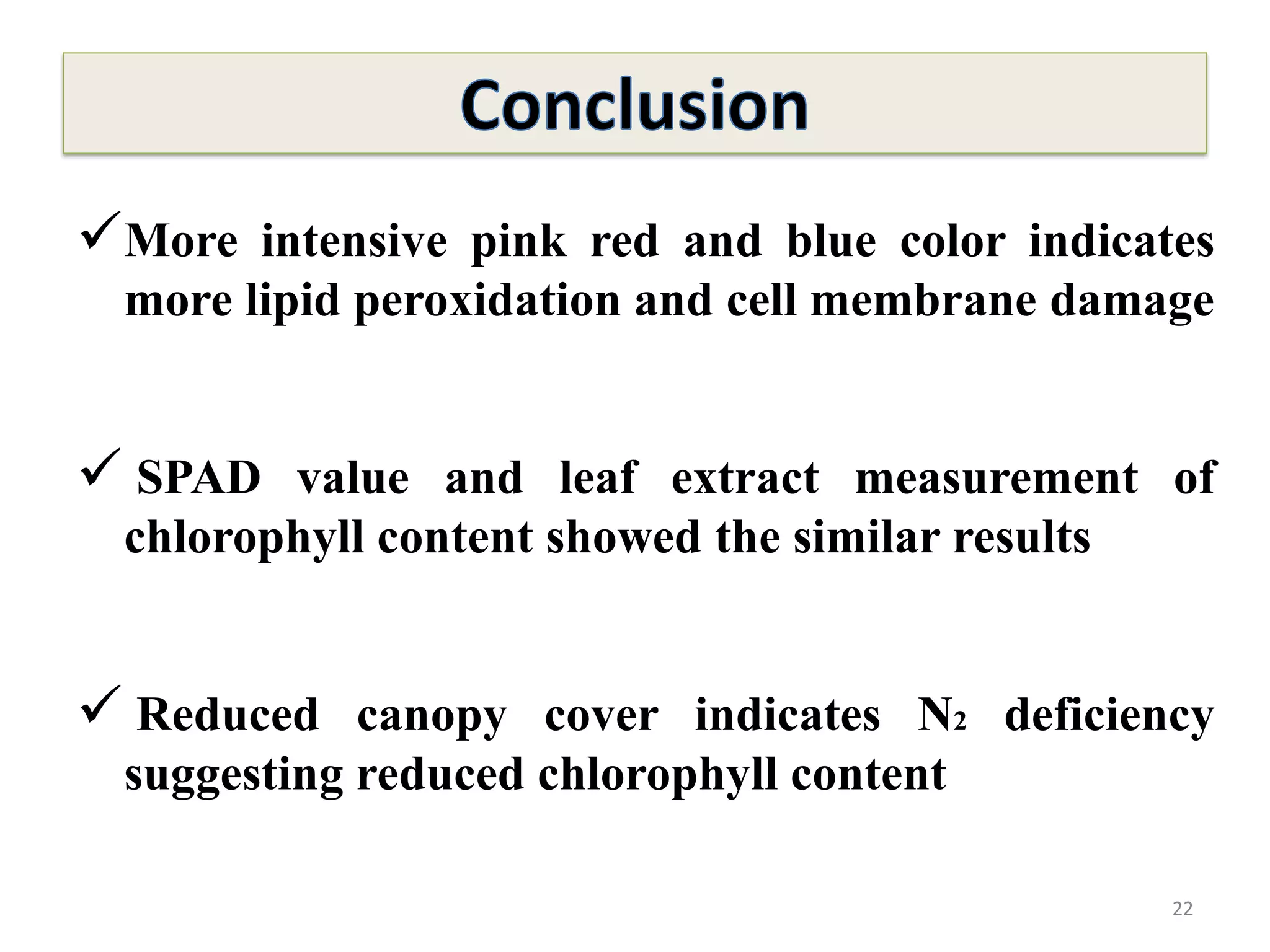 22
More intensive pink red and blue color indicates
more lipid peroxidation and cell membrane damage
 SPAD value and leaf extract measurement of
chlorophyll content showed the similar results
 Reduced canopy cover indicates N2 deficiency
suggesting reduced chlorophyll content
 