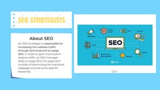 SEO STRATEGISTS
An SEO strategist is responsible for
increasing the website traffic
through technical and on-page
SEO. In order to gain more search
engine traffic, an SEO manager
does on-page SEO. On-page SEO
consists of optimizing the individual
webpage around some specific
keywords.
About SEO
CEO
 