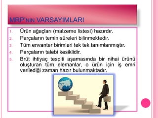 MRP’NIN VARSAYIMLARI
1.   Ürün ağaçları (malzeme listesi) hazırdır.
2.   Parçaların temin süreleri bilinmektedir.
3.   Tüm envanter birimleri tek tek tanımlanmıĢtır.
4.   Parçaların talebi kesiklidir.
5.   Brüt ihtiyaç tespiti aĢamasında bir nihai ürünü
     oluĢturan tüm elemanlar, o ürün için iĢ emri
     verilediği zaman hazır bulunmaktadır.
 