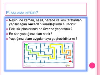 PLANLAMA NEDIR?
 Neyin, ne zaman, nasıl, nerede ve kim tarafından
  yapılacağını önceden kararlaĢtırma sürecidir
 Peki siz planlarınızı ne üzerine yaparsınız?

 En son yaptığınız plan nedir?

 Yaptığınız planı uygulamaya geçirebildiniz mi?
 