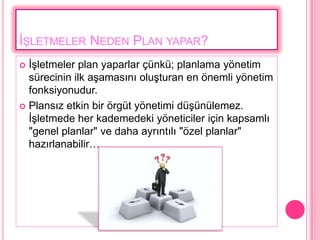 ĠġLETMELER NEDEN PLAN YAPAR?
 ĠĢletmeler plan yaparlar çünkü; planlama yönetim
  sürecinin ilk aĢamasını oluĢturan en önemli yönetim
  fonksiyonudur.
 Plansız etkin bir örgüt yönetimi düĢünülemez.
  ĠĢletmede her kademedeki yöneticiler için kapsamlı
  "genel planlar" ve daha ayrıntılı "özel planlar"
  hazırlanabilir…
 