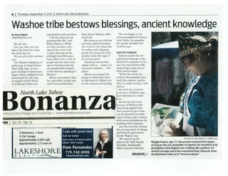 ; September ll,2Ol4 North Lake Tahoe Bonanza
Washoe tribe bestows blessings, ancient knowledge
ByAmy Edgett
aedgett@sierra...