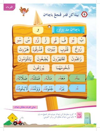 ‫نوتا‬
‫ضورو‬
9
‫القرءان‬
‫ن‬‫ء‬‫باخا‬ ‫فنجغ‬ ‫قدر‬ ‫بيذاكن‬
.‫واو‬ ‫مد‬ ‫فنجغ‬ ‫قدر‬ ‫خونتوه‬ ‫ن‬‫ء‬‫باخا‬ ‫ممفردغركن‬ ‫ضورو‬ 	
•
.‫اكتيؤيتي‬ ‫بوكو‬ ‫مغضوناكن‬ ‫ن‬‫ء‬‫باخا‬ ‫توبي‬ ‫التيه‬ 	
•
)‫(واو‬ ‫مد‬ ‫ن‬‫ء‬‫باخا‬
ُ
‫ب‬
ُ‫وح‬ُ‫ر‬
َ
‫ون‬ُ‫ِب‬‫غ‬ٰ َ‫ر‬
‫ا‬َ‫م‬ُ‫ه‬َ‫وم‬ُ‫ح‬
ُ
‫ش‬
‫ۥ‬ُ‫ه‬َ‫ع‬َ‫م‬
‫ۥ‬ُ‫ه‬َ‫ر‬َ‫ي‬
‫ۥ‬ُ‫ه‬
ُ
‫ود‬ُ‫ن‬ُ‫ج‬
‫ۥ‬ُ‫ه‬
ُ
‫ل‬
َ
‫ث‬َ‫م‬
َ
‫ف‬
‫ۥ‬ُ‫ه‬ُ‫د‬
َ
‫ل‬َ‫و‬َ‫و‬
‫ۥ‬ُ‫ه‬
َ
‫ت‬
َ‫ا‬
‫ل‬ َ
‫ص‬ ‫ۥ‬ُ‫ـه‬
‫ۥ‬ُ‫ه‬
َ
‫ون‬ُ‫ع‬َ‫وز‬ُ‫ي‬
َ
‫ون‬ُ‫ر‬َ‫ه‬ٰ َ
‫ظ‬
َ
‫ت‬
َ
‫ون‬ُ‫يع‬ِ‫ط‬ُ‫ي‬
َ
‫ون‬ُ‫م‬َ‫و‬ٰ َ
‫ل‬َ‫ت‬َ‫ي‬
ِ
‫وب‬
ُ
‫ل‬
ُ
‫ق‬
ِ
‫وت‬ُ‫ي‬ُ‫ب‬
ُ‫وه‬
ُ
‫وق‬
ُ
‫ذ‬
َ
‫ف‬
َ
‫وت‬ُ‫ر‬ٰ َ
‫ه‬
ُ
‫ف‬
ُ‫ز‬
ُ
‫س‬ ‫و‬ُ‫ب‬
‫و‬
ُ
‫ف‬
‫و‬ُ‫ز‬
‫و‬ُ‫س‬
‫ن‬‫ء‬‫باخا‬ ‫منتفكن‬ ‫القرءان‬ ‫حياتي‬
6
‫و‬
1.2.6
 