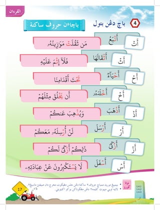 ‫نوتا‬
‫ضورو‬
17
‫القرءان‬
‫بتول‬ ‫دغن‬ ‫باخ‬
.۲‫ماسيغ‬ ‫صيڤتث‬ ‫دان‬ ‫مخرج‬ ‫مغيكوت‬ ‫جلس‬ ‫دغن‬ ‫ساكنة‬ ۲‫حروڤ‬ ‫ممباخ‬ ‫موريد‬ ‫بيمبيغ‬ 	
•
.‫اكتيؤيتي‬ ‫بوكو‬ ‫مغضوناكن‬ ‫دغن‬ ٢‫كليمه‬ ‫مثبوت‬ ‫توبي‬ ‫التيه‬ 	
•
‫ساكنة‬ ‫حروف‬ ‫ن‬‫ء‬‫باخا‬
ۡ
‫ت‬
َ
‫أ‬
ۡ
‫ث‬
َ
‫أ‬
ۡ
‫ح‬
َ
‫أ‬
ۡ
‫خ‬
َ
‫أ‬
ۡ
‫ذ‬
َ
‫أ‬
ۡ‫ر‬
َ
‫أ‬
ۡ‫ز‬
َ
‫أ‬
ۡ
‫س‬
َ
‫أ‬
ُ‫ع‬َ‫ب‬
ۡ
‫ت‬
َ
‫أ‬
‫ا‬َ‫ه‬
َ
‫ال‬
َ
‫ق‬
ۡ
‫ث‬
َ
‫أ‬
ٞ‫ء‬
ٓ
‫ا‬َ‫ي‬ۡ‫ح‬
َ
‫أ‬
‫ۥ‬ُ‫ه‬َ َ‫د‬
‫ل‬
ۡ
‫خ‬
َ
‫أ‬
َ
‫ب‬
َ
‫ه‬
ۡ
‫ذ‬
َ
‫أ‬
َ
‫ل‬َ‫س‬ۡ‫ر‬
َ
‫أ‬
ٰ َ‫ى‬
‫ك‬ۡ‫ز‬
َ
‫أ‬
َ
‫ل‬
َ
‫ف‬ۡ‫س‬
َ
‫أ‬
ۡ‫م‬
ُ
‫ك‬
َ
‫ل‬ ٰ َ‫ى‬
‫ك‬ۡ‫ز‬
َ
‫أ‬ ۡ‫م‬
ُ
‫ِك‬‫ل‬َٰ
‫ذ‬
‫ِۦ‬‫ه‬ِ‫ت‬
َ
‫اد‬َ‫ِب‬‫ع‬ ۡ‫ن‬
َ
‫ع‬
َ
‫ون‬ُ
ِ‫ر‬
‫ب‬
ۡ
‫ك‬َ‫ت‬ ۡ‫س‬َ‫ي‬
َ‫ا‬
‫ل‬
ۡ‫م‬
ُ
‫ك‬َ‫ع‬َ‫م‬ ‫ۥ‬ُ‫ه‬
َ
‫ل‬ِ‫س‬ۡ‫ر‬
ُ
‫أ‬ ۡ‫ن‬
َ
‫ل‬
ۡ‫م‬
ُ
‫نك‬
َ
‫ع‬ َ
‫ِب‬‫ه‬
ۡ
‫ذ‬ُ‫ي‬َ‫و‬
ۡ‫م‬ُ‫ه‬
َ
‫ل‬
ۡ
‫ِث‬‫م‬ َ
‫ق‬
ُ
‫ل‬
ۡ َ‫خ‬
‫ي‬ ‫ن‬
َ
‫أ‬
‫ا‬َ‫ِن‬‫م‬‫ا‬َ‫د‬
ۡ
‫ق‬
َ
‫أ‬ َ
‫ت‬
ۡ َ‫ح‬
‫ت‬
ِ‫ه‬ۡ‫ي‬
َ
‫ل‬
َ
‫ع‬ َ‫م‬
ۡ
‫ث‬ِ‫إ‬
ٓ َ‫ا‬
‫ل‬
َ
‫ف‬
‫ۥ‬ُ‫ه‬ُ‫ين‬ِ‫ز‬ٰ َ‫و‬َ‫م‬ ۡ
‫ت‬
َ
‫ل‬
ُ
‫ق‬
َ
‫ث‬ ‫ن‬َ‫م‬
4
1.4.1
1.4.2
1.4.3
 