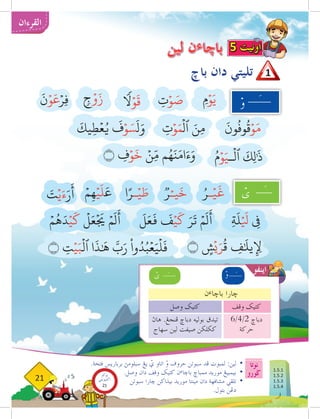 ‫نوتا‬
‫ضورو‬
21
‫القرءان‬
.‫فتحة‬ ‫برباريس‬ ‫سبلومث‬ ‫يغ‬ ْ
‫ي‬ ‫اتاو‬ ْ
‫و‬ ‫حروف‬ ‫سبوتن‬ ‫فد‬ ‫لمبوت‬ :‫لين‬ 	
•
.‫وصل‬ ‫دان‬ ‫وقف‬ ‫كتيك‬ ‫ن‬‫ء‬‫باخا‬ ‫ممباخ‬ ‫موريد‬ ‫بيمبيغ‬ 	
•
‫سبوتن‬ ‫خارا‬ ‫بيذاكن‬ ‫موريد‬ ‫مينتا‬ ‫دان‬ ‫مشافهة‬ ‫تلقي‬ 	
•
.‫بتول‬ ‫دغن‬ 	
	
‫باخ‬ ‫دان‬ ‫تليتي‬
‫لين‬ ‫ن‬‫ء‬‫باخا‬
1
ْ
‫و‬ َ
ْ
‫ى‬ َ
ِ‫م‬ۡ‫و‬َ‫ي‬
ِ‫ة‬
َ
‫ل‬ۡ َ‫ي‬
‫ل‬ ِ‫ي‬
‫ف‬
‫۝‬ ٍ
‫ش‬
ۡ
‫ي‬َ‫ر‬
ُ
‫ق‬ ِ
‫ف‬ٰ َ
‫يل‬ِ ِ‫إ‬
‫ل‬
َ
‫ل‬َ‫ع‬
َ
‫ف‬
َ
‫ف‬ۡ‫ي‬
َ
‫ك‬ َ‫ر‬
َ
‫ت‬ ۡ‫م‬
َ
‫ل‬
َ
‫أ‬
ۡ‫م‬
ُ
‫ه‬َ‫د‬ۡ‫ي‬
َ
‫ك‬
ۡ
‫ل‬َ‫ع‬
ۡ َ‫ج‬
‫ي‬ ۡ‫م‬
َ
‫ل‬
َ
‫أ‬
َ
‫ون‬
ُ
‫وف‬
ُ
‫ق‬ۡ‫و‬َ‫م‬
ُ‫م‬ۡ‫و‬َ‫ـي‬
ۡ
‫ٱل‬
َ
‫ِك‬‫ل‬َٰ
‫ذ‬
‫۝‬ ِ
‫ف‬ۡ‫و‬
َ
‫خ‬ ۡ‫ِن‬ّ‫م‬ ‫م‬ُ‫ه‬َ‫ن‬َ‫ام‬َ‫ء‬َ‫و‬
ِ
‫ت‬ۡ‫و‬َ‫م‬
ۡ
‫ٱل‬ َ‫ِن‬‫م‬
َ
‫يك‬ِ‫ط‬ۡ‫ع‬ُ‫ي‬
َ
‫ف‬ۡ‫و‬ َ‫س‬
َ
‫ل‬َ‫و‬
ِ
‫ت‬ۡ‫و‬ َ
‫ص‬
ٖ
‫ج‬ۡ‫و‬َ‫ز‬
َ
‫ن‬ۡ‫و‬
َ
‫ع‬ۡ‫ِر‬‫ف‬
ْ
‫و‬
ْ
‫ى‬
ِ
ِ
‫ن‬‫ء‬‫باخا‬ ‫خارا‬
‫وقف‬ ‫كتيك‬
6/4/2 ‫دباخ‬
‫حركة‬
‫وصل‬ ‫كتيك‬
‫هاث‬ .‫فنجغ‬ ‫دباخ‬ ‫بوليه‬ ‫تيدق‬
‫سهاج‬ ‫لين‬ ‫صيفت‬ ‫ككلكن‬
ُ‫ـر‬ۡ‫ي‬
َ
‫غ‬
ٞ‫ر‬ۡ‫يـ‬
َ
‫خ‬
‫ا‬ً‫ـر‬ۡ‫ي‬ َ
‫ط‬
ۡ‫م‬ِ‫ه‬ۡ‫ي‬
َ
‫ل‬
َ
‫ع‬
َ
‫ت‬ۡ‫ي‬َ‫ء‬َ‫ر‬
َ
‫أ‬
5 ‫اونيت‬
‫اينفو‬
‫۝‬ ِ
‫ت‬ۡ‫ي‬َ‫ب‬
ۡ
‫ٱل‬ ‫ا‬
َ
‫ذ‬ٰ َ
‫ه‬ َّ
‫ب‬َ‫ر‬
ْ
‫وا‬ُ‫د‬ُ‫ب‬ۡ‫ع‬َ‫ي‬
ۡ
‫ل‬
َ
‫ف‬
‫بوكو‬
‫تيؤيتي‬‫اك‬
21
1.5.1
1.5.2
1.5.3
1.5.4
 