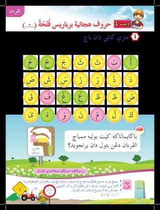 ‫نوتا‬
‫ضورو‬
1
‫القرءان‬
.‫ورنا‬ ‫كلومفوق‬ ‫برفندوكن‬ ‫بتول‬ ‫يغ‬ ‫حروڤ‬ ‫صيڤت‬ ‫دان‬ ‫مخرج‬ ‫مغيكوت‬ ‫ممباخ‬ ‫موريد‬ ‫بيمبيغ‬ 	
•
.‫اكتيؤيتي‬ ‫بوكو‬ ‫مغضوناكن‬ ‫دغن‬ ‫حروڤ‬ ‫مثبوت‬ ‫توبي‬ ‫التيه‬ 	
•
.‫القرءان‬ ‫دالم‬ ‫تردافت‬ ‫يغ‬ )‫(ء‬ 2‫تندا‬ ‫جلسكن‬ 	
•
.‫ؤ‬ - ‫ئ‬ - ‫إ‬ - ‫أ‬ 	
‫باخ‬ ‫دان‬ ‫كنلي‬ ‫ماري‬
) ( ْ
‫ة‬ َ
‫ح‬ْ‫َت‬
‫ف‬ ‫برباريس‬ ‫هجائية‬ ‫حروف‬ 1 ‫اونيت‬
َ
‫ع‬
َ
‫أ‬
َ
‫د‬
َ
‫ض‬
َ‫ك‬
َ
‫ل‬
َ‫م‬
َ
‫ن‬
َ‫و‬
َ
‫ذ‬
َ‫ر‬
َ‫ز‬
َ
‫س‬
َ
‫ش‬
َ
‫ص‬
َ
‫ب‬
َ
‫ت‬
َ
‫ث‬
َ‫ج‬
َ‫ح‬
َ
‫خ‬
َ
‫غ‬
َ
‫ف‬
َ
‫ق‬
َ‫ي‬
َ
‫ط‬
َ
‫ظ‬
‫ممباخ‬ ‫بوليه‬ ‫كيت‬ ‫باضايماناكه‬
‫برتجويد؟‬ ‫دان‬ ‫بتول‬ ‫دغن‬ ‫القرءان‬
‫القرءان‬ ‫ممفالجري‬ ‫سوغضوه‬-‫برسوغضوه‬
‫مخرج‬
‫حروڤ‬
1
1.1.1
‫بوكو‬
‫تيؤيتي‬‫اك‬
1
 