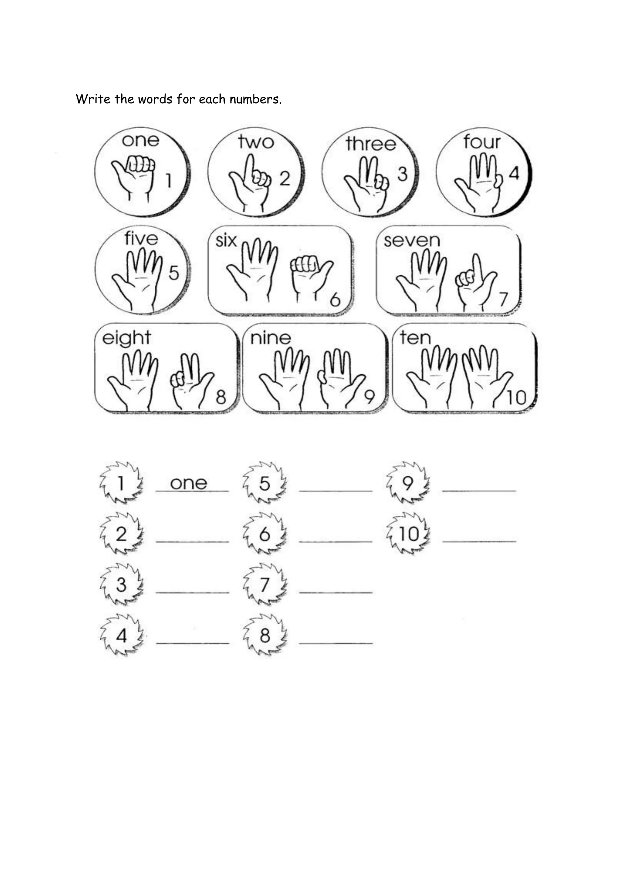 Write the words for each numbers.