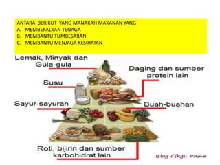 ANTARA BERIKUT YANG MANAKAH MAKANAN YANG
A. MEMBEKALKAN TENAGA
B. MEMBANTU TUMBESARAN
C. MEMBANTU MENJAGA KESIHATAN
 