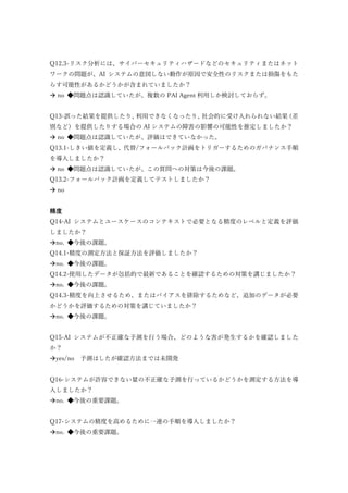 Q12.3-リスク分析には、サイバーセキュリティハザードなどのセキュリティまたはネット
ワークの問題が、AI システムの意図しない動作が原因で安全性のリスクまたは損傷をもた
らす可能性があるかどうかが含まれていましたか？
 no ◆問題点は認識していたが、複数の PAI Agent 利用しか検討しておらず。
Q13-誤った結果を提供したり、利用できなくなったり、社会的に受け入れられない結果（差
別など）を提供したりする場合の AI システムの障害の影響の可能性を推定しましたか？
 no ◆問題点は認識していたが、評価はできていなかった。
Q13.1-しきい値を定義し、代替/フォールバック計画をトリガーするためのガバナンス手順
を導入しましたか？
 no ◆問題点は認識していたが、この質問への対策は今後の課題。
Q13.2-フォールバック計画を定義してテストしましたか？
 no
精度
Q14-AI システムとユースケースのコンテキストで必要となる精度のレベルと定義を評価
しましたか？
no. ◆今後の課題。
Q14.1-精度の測定方法と保証方法を評価しましたか？
no. ◆今後の課題。
Q14.2-使用したデータが包括的で最新であることを確認するための対策を講じましたか？
no. ◆今後の課題。
Q14.3-精度を向上させるため、またはバイアスを排除するためなど、追加のデータが必要
かどうかを評価するための対策を講じていましたか？
no. ◆今後の課題。
Q15-AI システムが不正確な予測を行う場合、どのような害が発生するかを確認しました
か？
yes/no 予測はしたが確認方法までは未開発
Q16-システムが許容できない量の不正確な予測を行っているかどうかを測定する方法を導
入しましたか？
no. ◆今後の重要課題。
Q17-システムの精度を高めるために一連の手順を導入しましたか？
no. ◆今後の重要課題。
 