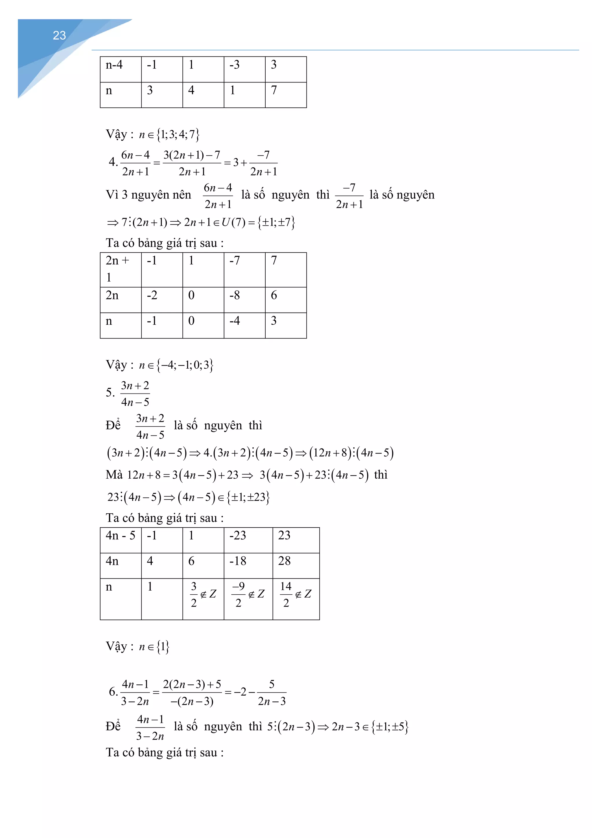 23
n-4 -1 1 -3 3
n 3 4 1 7
Vậy : { }
1;3;4;7
n∈
4.
6 4 3(2 1) 7 7
3
2 1 2 1 2 1
n n
n n n
− + − −
= = +
+ + +
Vì 3 nguyên nên
6 4
2 1
n
n
−
+
là số nguyên thì
7
2 1
n
−
+
là số nguyên
{ }
7 (2 1) 2 1 (7) 1; 7
n n U
⇒ + ⇒ + ∈ = ± ±

Ta có bảng giá trị sau :
2n +
1
-1 1 -7 7
2n -2 0 -8 6
n -1 0 -4 3
Vậy : { }
4; 1;0;3
n∈ − −
5.
3 2
4 5
n
n
+
−
Để
3 2
4 5
n
n
+
−
là số nguyên thì
( ) ( ) ( ) ( ) ( ) ( )
3 2 4 5 4. 3 2 4 5 12 8 4 5
n n n n n n
+ − ⇒ + − ⇒ + −
  
Mà ( )
12 8 3 4 5 23
n n
+= − + ⇒ ( ) ( )
3 4 5 23 4 5
n n
− + −
 thì
( ) ( ) { }
23 4 5 4 5 1; 23
n n
− ⇒ − ∈ ± ±

Ta có bảng giá trị sau :
4n - 5 -1 1 -23 23
4n 4 6 -18 28
n 1 3
2
Z
∉
9
2
Z
−
∉
14
2
Z
∉
Vậy : { }
1
n∈
6.
4 1 2(2 3) 5 5
2
3 2 (2 3) 2 3
n n
n n n
− − +
= =− −
− − − −
Để
4 1
3 2
n
n
−
−
là số nguyên thì ( ) { }
5 2 3 2 3 1; 5
n n
− ⇒ − ∈ ± ±

Ta có bảng giá trị sau :
 