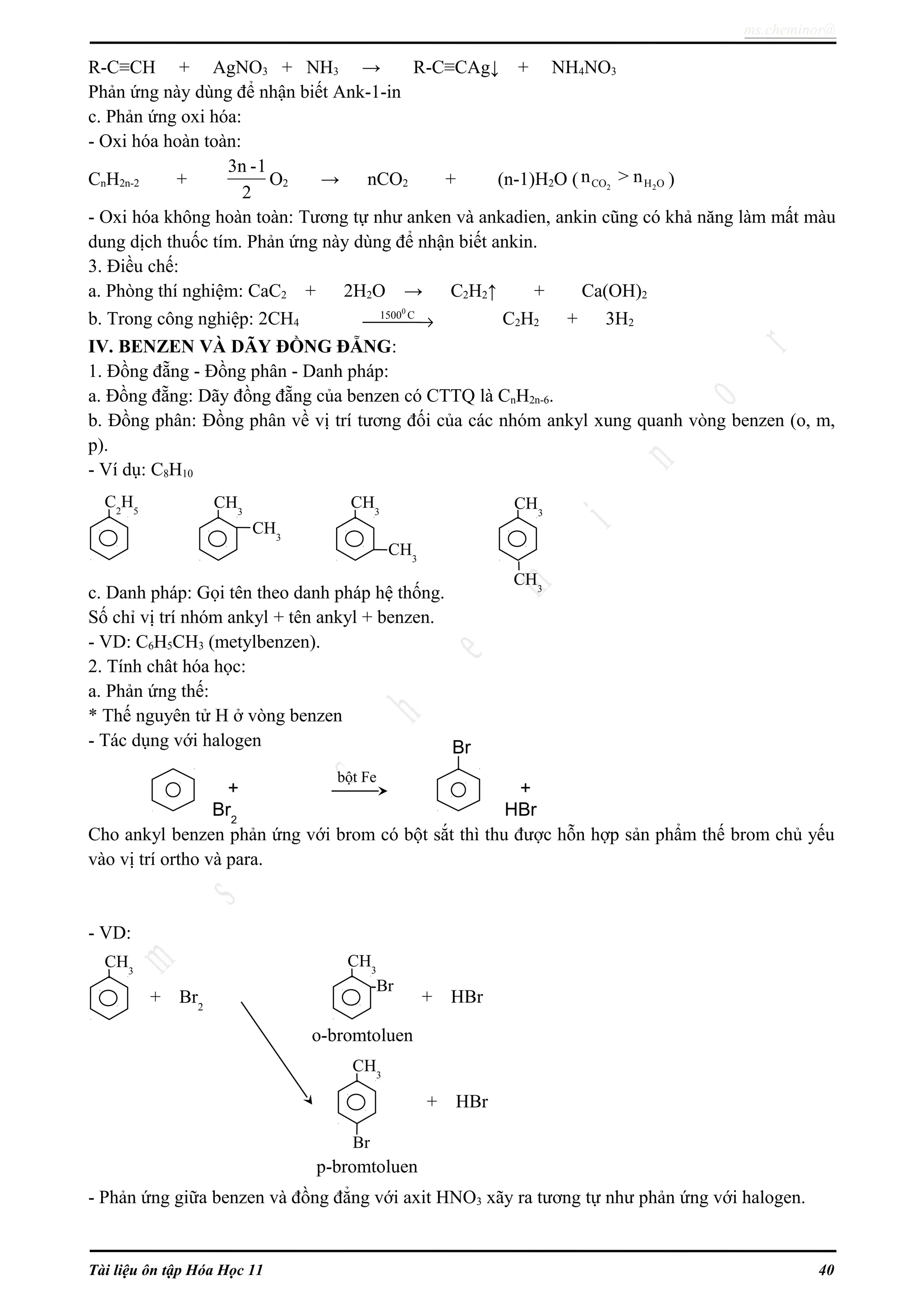 ms.cheminor@
R-C≡CH + AgNO3 + NH3 → R-C≡CAg↓ + NH4NO3
Phản ứng này dùng để nhận biết Ank-1-in
c. Phản ứng oxi hóa:
- Oxi hóa hoàn toàn:
CnH2n-2 +
3n -1
2
O2 → nCO2 + (n-1)H2O ( 2 2CO H On > n )
- Oxi hóa không hoàn toàn: Tương tự như anken và ankadien, ankin cũng có khả năng làm mất màu
dung dịch thuốc tím. Phản ứng này dùng để nhận biết ankin.
3. Điều chế:
a. Phòng thí nghiệm: CaC2 + 2H2O → C2H2↑ + Ca(OH)2
b. Trong công nghiệp: 2CH4
0
1500 C
→ C2H2 + 3H2
IV. BENZEN VÀ DÃY ĐỒNG ĐẴNG:
1. Đồng đẵng - Đồng phân - Danh pháp:
a. Đồng đẵng: Dãy đồng đẵng của benzen có CTTQ là CnH2n-6.
b. Đồng phân: Đồng phân về vị trí tương đối của các nhóm ankyl xung quanh vòng benzen (o, m,
p).
- Ví dụ: C8H10
c. Danh pháp: Gọi tên theo danh pháp hệ thống.
Số chỉ vị trí nhóm ankyl + tên ankyl + benzen.
- VD: C6H5CH3 (metylbenzen).
2. Tính chât hóa học:
a. Phản ứng thế:
* Thế nguyên tử H ở vòng benzen
- Tác dụng với halogen
Cho ankyl benzen phản ứng với brom có bột sắt thì thu được hỗn hợp sản phẩm thế brom chủ yếu
vào vị trí ortho và para.
- VD:
o-bromtoluen
p-bromtoluen
- Phản ứng giữa benzen và đồng đẳng với axit HNO3 xãy ra tương tự như phản ứng với halogen.
Tài liệu ôn tập Hóa Học 11 40
+
Br2
bột Fe
Br
+
HBr
C2
H5
CH3
CH3
CH3
CH3
CH3
CH3
CH3
+ Br2
CH3
-Br
+ HBr
+ HBr
CH3
Br
 
