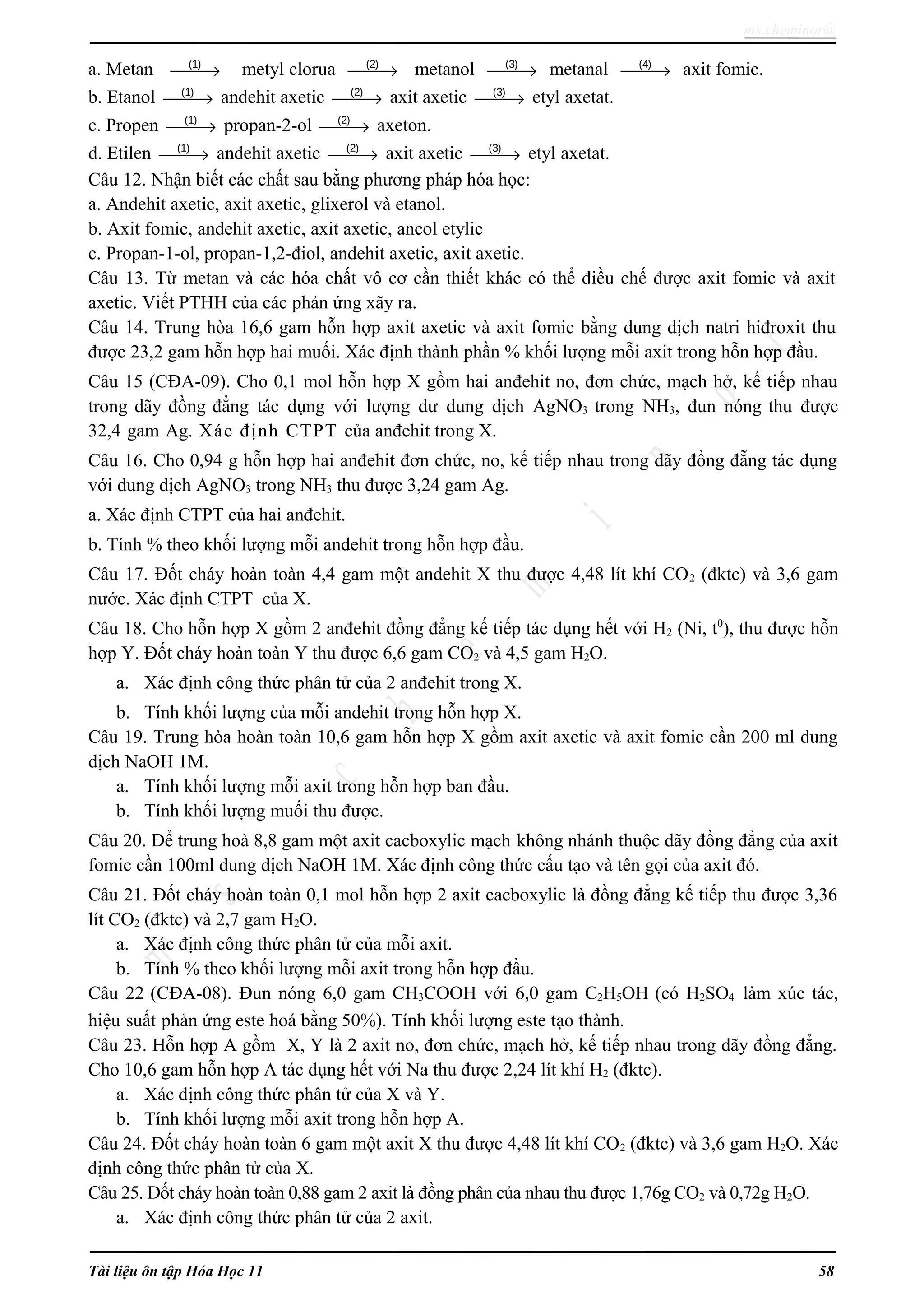 ms.cheminor@
a. Metan (1)
→ metyl clorua (2)
→ metanol (3)
→ metanal (4)
→ axit fomic.
b. Etanol (1)
→ andehit axetic (2)
→ axit axetic (3)
→ etyl axetat.
c. Propen (1)
→ propan-2-ol (2)
→ axeton.
d. Etilen (1)
→ andehit axetic (2)
→ axit axetic (3)
→ etyl axetat.
Câu 12. Nhận biết các chất sau bằng phương pháp hóa học:
a. Andehit axetic, axit axetic, glixerol và etanol.
b. Axit fomic, andehit axetic, axit axetic, ancol etylic
c. Propan-1-ol, propan-1,2-điol, andehit axetic, axit axetic.
Câu 13. Từ metan và các hóa chất vô cơ cần thiết khác có thể điều chế được axit fomic và axit
axetic. Viết PTHH của các phản ứng xãy ra.
Câu 14. Trung hòa 16,6 gam hỗn hợp axit axetic và axit fomic bằng dung dịch natri hiđroxit thu
được 23,2 gam hỗn hợp hai muối. Xác định thành phần % khối lượng mỗi axit trong hỗn hợp đầu.
Câu 15 (CĐA-09). Cho 0,1 mol hỗn hợp X gồm hai anđehit no, đơn chức, mạch hở, kế tiếp nhau
trong dãy đồng đẳng tác dụng với lượng dư dung dịch AgNO3 trong NH3, đun nóng thu được
32,4 gam Ag. Xác định CTPT của anđehit trong X.
Câu 16. Cho 0,94 g hỗn hợp hai anđehit đơn chức, no, kế tiếp nhau trong dãy đồng đẵng tác dụng
với dung dịch AgNO3 trong NH3 thu được 3,24 gam Ag.
a. Xác định CTPT của hai anđehit.
b. Tính % theo khối lượng mỗi andehit trong hỗn hợp đầu.
Câu 17. Đốt cháy hoàn toàn 4,4 gam một andehit X thu được 4,48 lít khí CO2 (đktc) và 3,6 gam
nước. Xác định CTPT của X.
Câu 18. Cho hỗn hợp X gồm 2 anđehit đồng đẳng kế tiếp tác dụng hết với H2 (Ni, t0
), thu được hỗn
hợp Y. Đốt cháy hoàn toàn Y thu được 6,6 gam CO2 và 4,5 gam H2O.
a. Xác định công thức phân tử của 2 anđehit trong X.
b. Tính khối lượng của mỗi andehit trong hỗn hợp X.
Câu 19. Trung hòa hoàn toàn 10,6 gam hỗn hợp X gồm axit axetic và axit fomic cần 200 ml dung
dịch NaOH 1M.
a. Tính khối lượng mỗi axit trong hỗn hợp ban đầu.
b. Tính khối lượng muối thu được.
Câu 20. Để trung hoà 8,8 gam một axit cacboxylic mạch không nhánh thuộc dãy đồng đẳng của axit
fomic cần 100ml dung dịch NaOH 1M. Xác định công thức cấu tạo và tên gọi của axit đó.
Câu 21. Đốt cháy hoàn toàn 0,1 mol hỗn hợp 2 axit cacboxylic là đồng đẳng kế tiếp thu được 3,36
lít CO2 (đktc) và 2,7 gam H2O.
a. Xác định công thức phân tử của mỗi axit.
b. Tính % theo khối lượng mỗi axit trong hỗn hợp đầu.
Câu 22 (CĐA-08). Đun nóng 6,0 gam CH3COOH với 6,0 gam C2H5OH (có H2SO4 làm xúc tác,
hiệu suất phản ứng este hoá bằng 50%). Tính khối lượng este tạo thành.
Câu 23. Hỗn hợp A gồm X, Y là 2 axit no, đơn chức, mạch hở, kế tiếp nhau trong dãy đồng đẳng.
Cho 10,6 gam hỗn hợp A tác dụng hết với Na thu được 2,24 lít khí H2 (đktc).
a. Xác định công thức phân tử của X và Y.
b. Tính khối lượng mỗi axit trong hỗn hợp A.
Câu 24. Đốt cháy hoàn toàn 6 gam một axit X thu được 4,48 lít khí CO2 (đktc) và 3,6 gam H2O. Xác
định công thức phân tử của X.
Câu 25. Đốt cháy hoàn toàn 0,88 gam 2 axit là đồng phân của nhau thu được 1,76g CO2 và 0,72g H2O.
a. Xác định công thức phân tử của 2 axit.
Tài liệu ôn tập Hóa Học 11 58
 