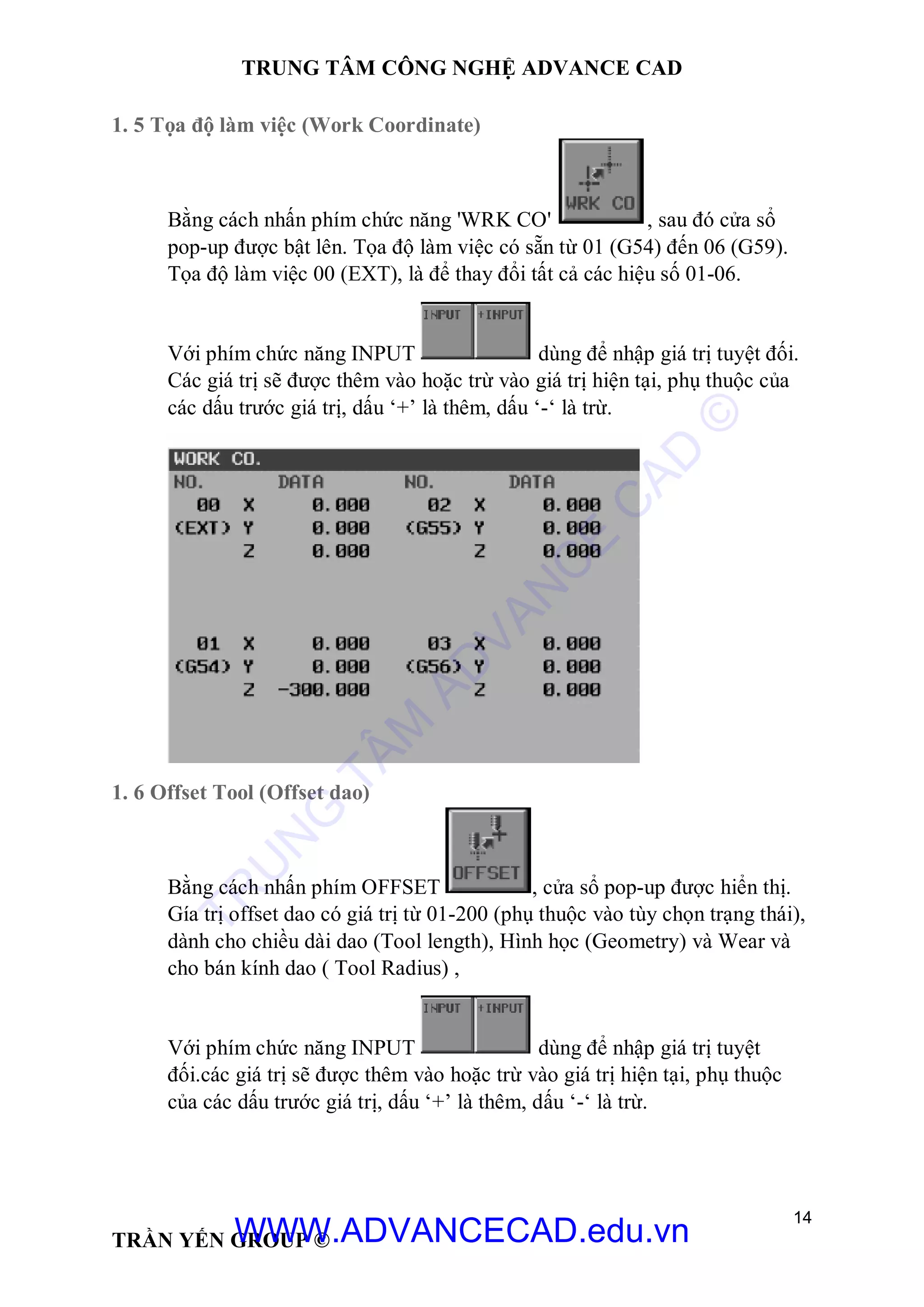TRUNG TÂM CÔNG NGHỆ ADVANCE CAD
14
TRẦN YẾN GROUP ©
1. 5 Tọa độ làm việc (Work Coordinate)
Bằng cách nhấn phím chức năng 'WRK CO' , sau đó cửa sổ
pop-up được bật lên. Tọa độ làm việc có sẵn từ 01 (G54) đến 06 (G59).
Tọa độ làm việc 00 (EXT), là để thay đổi tất cả các hiệu số 01-06.
Với phím chức năng INPUT dùng để nhập giá trị tuyệt đối.
Các giá trị sẽ được thêm vào hoặc trừ vào giá trị hiện tại, phụ thuộc của
các dấu trước giá trị, dấu ‘+’ là thêm, dấu ‘-‘ là trừ.
1. 6 Offset Tool (Offset dao)
Bằng cách nhấn phím OFFSET , cửa sổ pop-up được hiển thị.
Gía trị offset dao có giá trị từ 01-200 (phụ thuộc vào tùy chọn trạng thái),
dành cho chiều dài dao (Tool length), Hình học (Geometry) và Wear và
cho bán kính dao ( Tool Radius) ,
Với phím chức năng INPUT dùng để nhập giá trị tuyệt
đối.các giá trị sẽ được thêm vào hoặc trừ vào giá trị hiện tại, phụ thuộc
của các dấu trước giá trị, dấu ‘+’ là thêm, dấu ‘-‘ là trừ.
TR
U
N
G
TÂM
AD
VAN
C
E
C
AD
©
WWW.ADVANCECAD.edu.vn
 