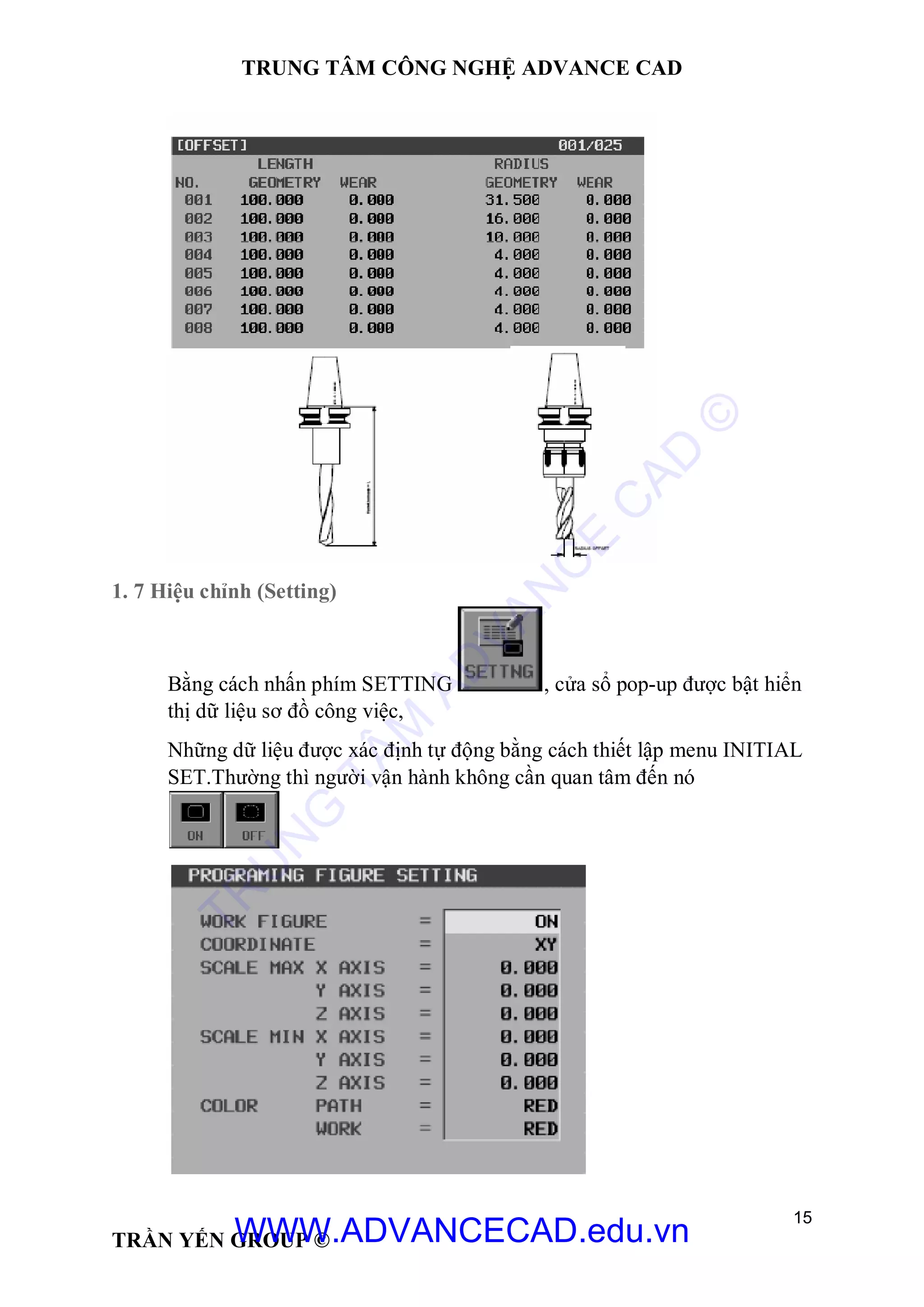 TRUNG TÂM CÔNG NGHỆ ADVANCE CAD
15
TRẦN YẾN GROUP ©
1. 7 Hiệu chỉnh (Setting)
Bằng cách nhấn phím SETTING , cửa sổ pop-up được bật hiển
thị dữ liệu sơ đồ công việc,
Những dữ liệu được xác định tự động bằng cách thiết lập menu INITIAL
SET.Thường thì người vận hành không cần quan tâm đến nó
TR
U
N
G
TÂM
AD
VAN
C
E
C
AD
©
WWW.ADVANCECAD.edu.vn
 