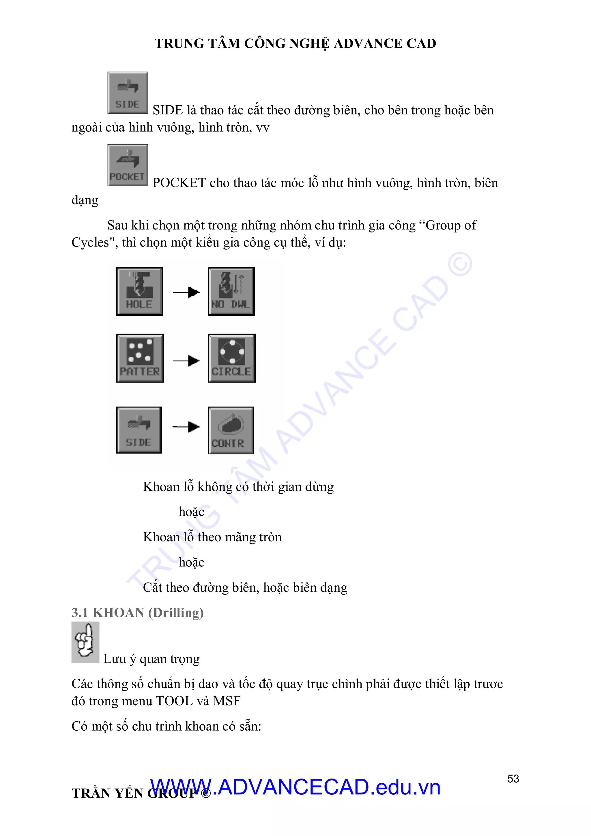 TRUNG TÂM CÔNG NGHỆ ADVANCE CAD
53
TRẦN YẾN GROUP ©
SIDE là thao tác cắt theo đường biên, cho bên trong hoặc bên
ngoài của hình vuông, hình tròn, vv
POCKET cho thao tác móc lỗ như hình vuông, hình tròn, biên
dạng
Sau khi chọn một trong những nhóm chu trình gia công “Group of
Cycles", thì chọn một kiểu gia công cụ thể, ví dụ:
Khoan lỗ không có thời gian dừng
hoặc
Khoan lỗ theo mãng tròn
hoặc
Cắt theo đường biên, hoặc biên dạng
3.1 KHOAN (Drilling)
Lưu ý quan trọng
Các thông số chuẩn bị dao và tốc độ quay trục chình phải được thiết lập trươc
đó trong menu TOOL và MSF
Có một số chu trình khoan có sẵn:
TR
U
N
G
TÂM
AD
VAN
C
E
C
AD
©
WWW.ADVANCECAD.edu.vn
 