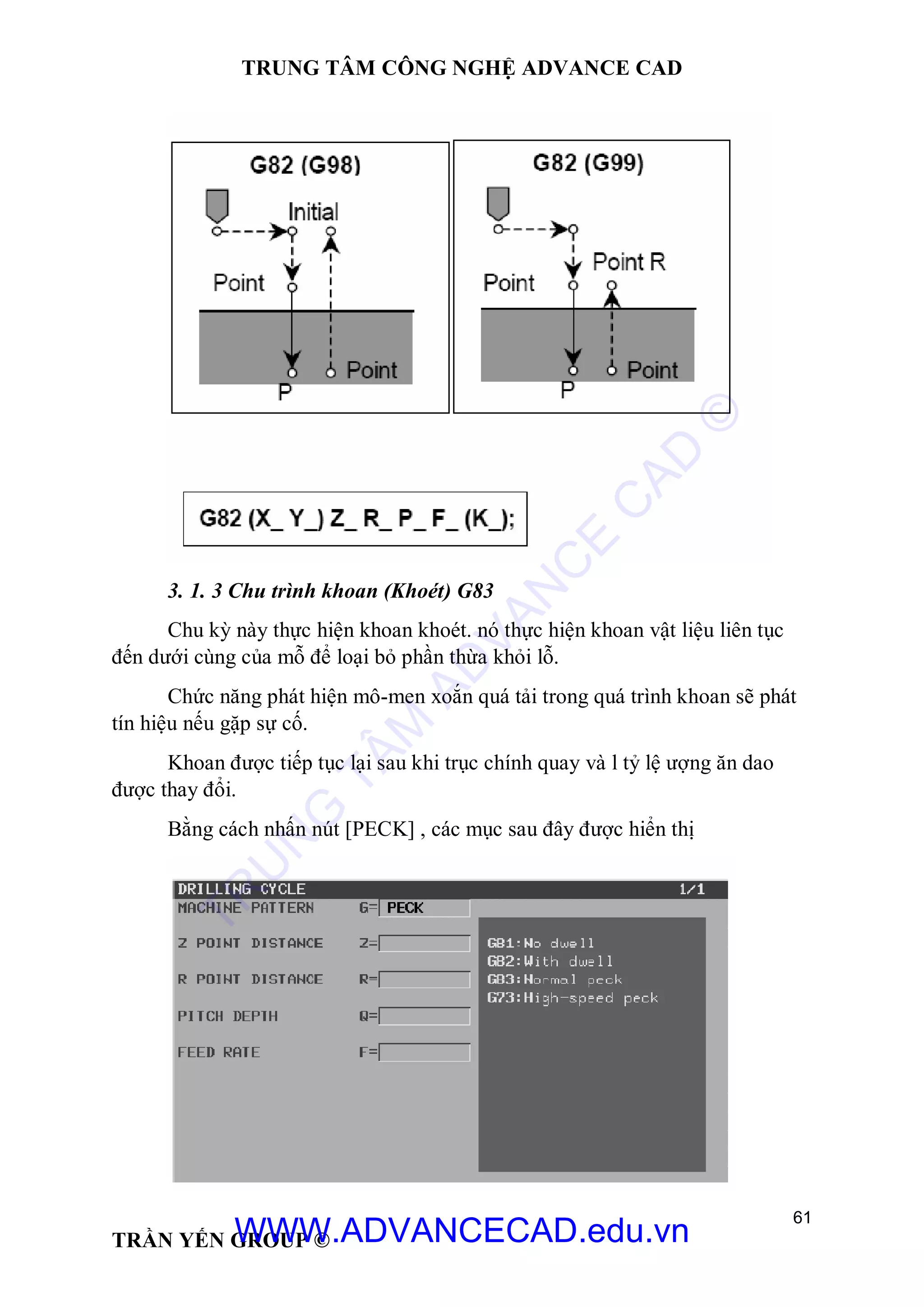 TRUNG TÂM CÔNG NGHỆ ADVANCE CAD
61
TRẦN YẾN GROUP ©
3. 1. 3 Chu trình khoan (Khoét) G83
Chu kỳ này thực hiện khoan khoét. nó thực hiện khoan vật liệu liên tục
đến dưới cùng của mỗ để loại bỏ phần thừa khỏi lỗ.
Chức năng phát hiện mô-men xoắn quá tải trong quá trình khoan sẽ phát
tín hiệu nếu gặp sự cố.
Khoan được tiếp tục lại sau khi trục chính quay và l tỷ lệ ượng ăn dao
được thay đổi.
Bằng cách nhấn nút [PECK] , các mục sau đây được hiển thị
TR
U
N
G
TÂM
AD
VAN
C
E
C
AD
©
WWW.ADVANCECAD.edu.vn
 
