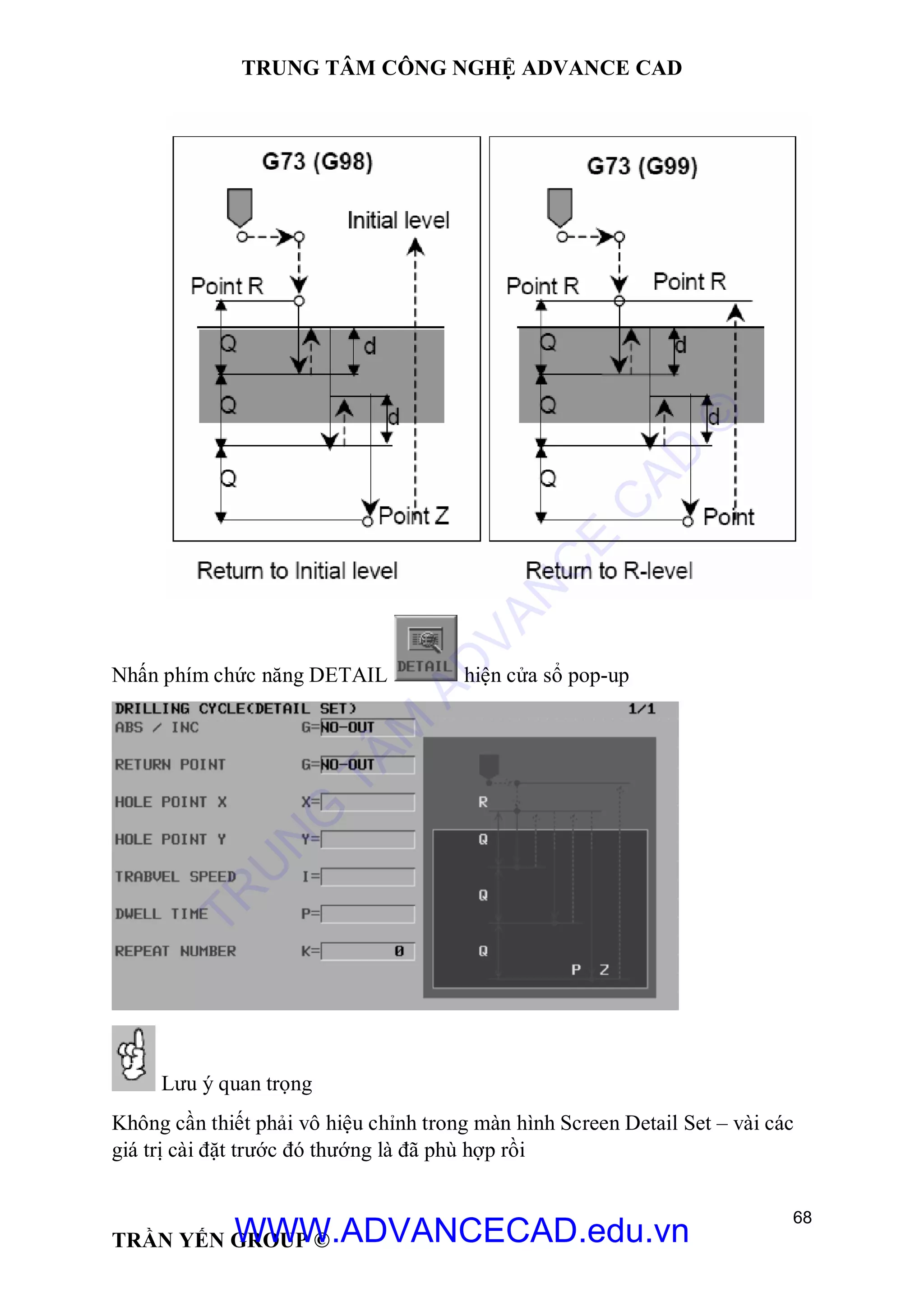 TRUNG TÂM CÔNG NGHỆ ADVANCE CAD
68
TRẦN YẾN GROUP ©
Nhấn phím chức năng DETAIL hiện cửa sổ pop-up
Lưu ý quan trọng
Không cần thiết phải vô hiệu chỉnh trong màn hình Screen Detail Set – vài các
giá trị cài đặt trước đó thướng là đã phù hợp rồi
TR
U
N
G
TÂM
AD
VAN
C
E
C
AD
©
WWW.ADVANCECAD.edu.vn
 