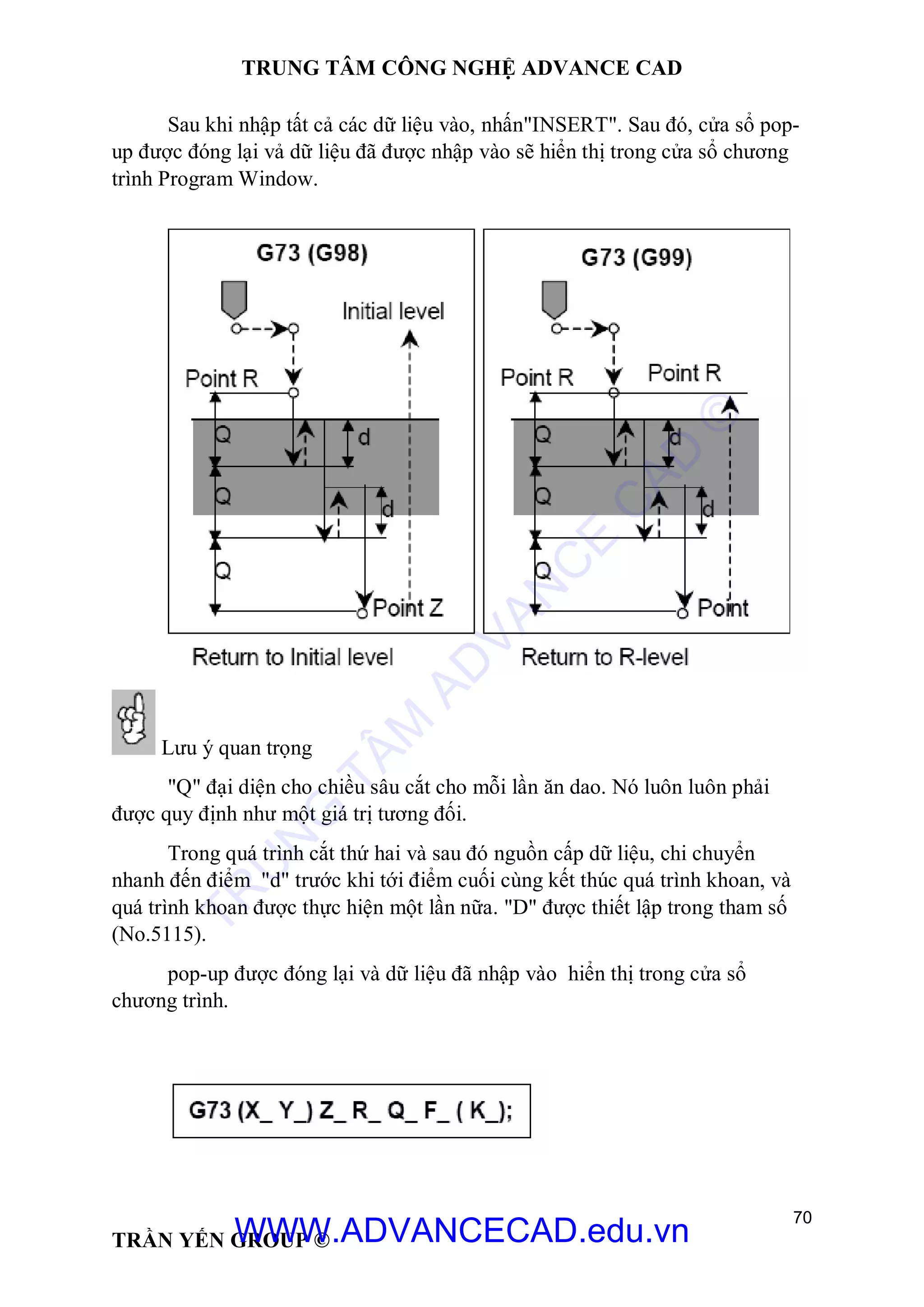 TRUNG TÂM CÔNG NGHỆ ADVANCE CAD
70
TRẦN YẾN GROUP ©
Sau khi nhập tất cả các dữ liệu vào, nhấn"INSERT". Sau đó, cửa sổ pop-
up được đóng lại vả dữ liệu đã được nhập vào sẽ hiển thị trong cửa sổ chương
trình Program Window.
Lưu ý quan trọng
"Q" đại diện cho chiều sâu cắt cho mỗi lần ăn dao. Nó luôn luôn phải
được quy định như một giá trị tương đối.
Trong quá trình cắt thứ hai và sau đó nguồn cấp dữ liệu, chi chuyển
nhanh đến điểm "d" trước khi tới điểm cuối cùng kết thúc quá trình khoan, và
quá trình khoan được thực hiện một lần nữa. "D" được thiết lập trong tham số
(No.5115).
pop-up được đóng lại và dữ liệu đã nhập vào hiển thị trong cửa sổ
chương trình.
TR
U
N
G
TÂM
AD
VAN
C
E
C
AD
©
WWW.ADVANCECAD.edu.vn
 