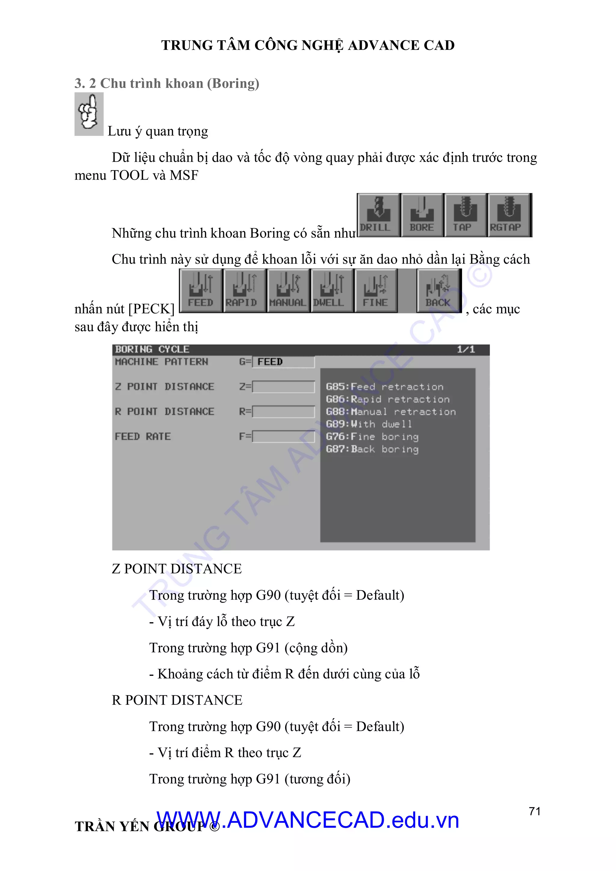TRUNG TÂM CÔNG NGHỆ ADVANCE CAD
71
TRẦN YẾN GROUP ©
3. 2 Chu trình khoan (Boring)
Lưu ý quan trọng
Dữ liệu chuẩn bị dao và tốc độ vòng quay phải được xác định trước trong
menu TOOL và MSF
Những chu trình khoan Boring có sẵn như
Chu trình này sử dụng để khoan lỗi với sự ăn dao nhỏ dần lại Bằng cách
nhấn nút [PECK] , các mục
sau đây được hiển thị
Z POINT DISTANCE
Trong trường hợp G90 (tuyệt đối = Default)
- Vị trí đáy lỗ theo trục Z
Trong trường hợp G91 (cộng dồn)
- Khoảng cách từ điểm R đến dưới cùng của lỗ
R POINT DISTANCE
Trong trường hợp G90 (tuyệt đối = Default)
- Vị trí điểm R theo trục Z
Trong trường hợp G91 (tương đối)
TR
U
N
G
TÂM
AD
VAN
C
E
C
AD
©
WWW.ADVANCECAD.edu.vn
 