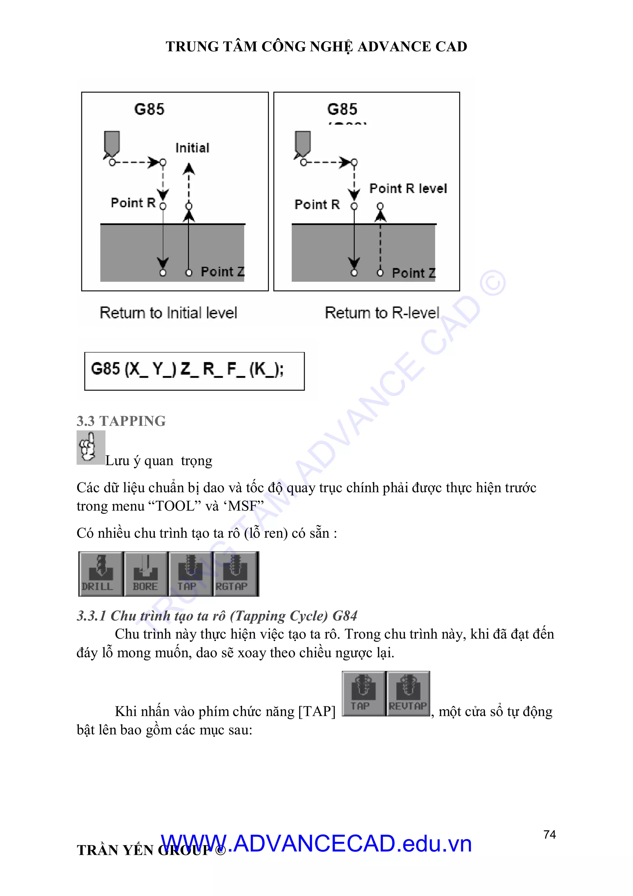 TRUNG TÂM CÔNG NGHỆ ADVANCE CAD
74
TRẦN YẾN GROUP ©
3.3 TAPPING
Lưu ý quan trọng
Các dữ liệu chuẩn bị dao và tốc độ quay trục chính phải được thực hiện trước
trong menu “TOOL” và ‘MSF”
Có nhiều chu trình tạo ta rô (lỗ ren) có sẵn :
3.3.1 Chu trình tạo ta rô (Tapping Cycle) G84
Chu trình này thực hiện việc tạo ta rô. Trong chu trình này, khi đã đạt đến
đáy lỗ mong muốn, dao sẽ xoay theo chiều ngược lại.
Khi nhấn vào phím chức năng [TAP] , một cửa sổ tự động
bật lên bao gồm các mục sau:
TR
U
N
G
TÂM
AD
VAN
C
E
C
AD
©
WWW.ADVANCECAD.edu.vn
 