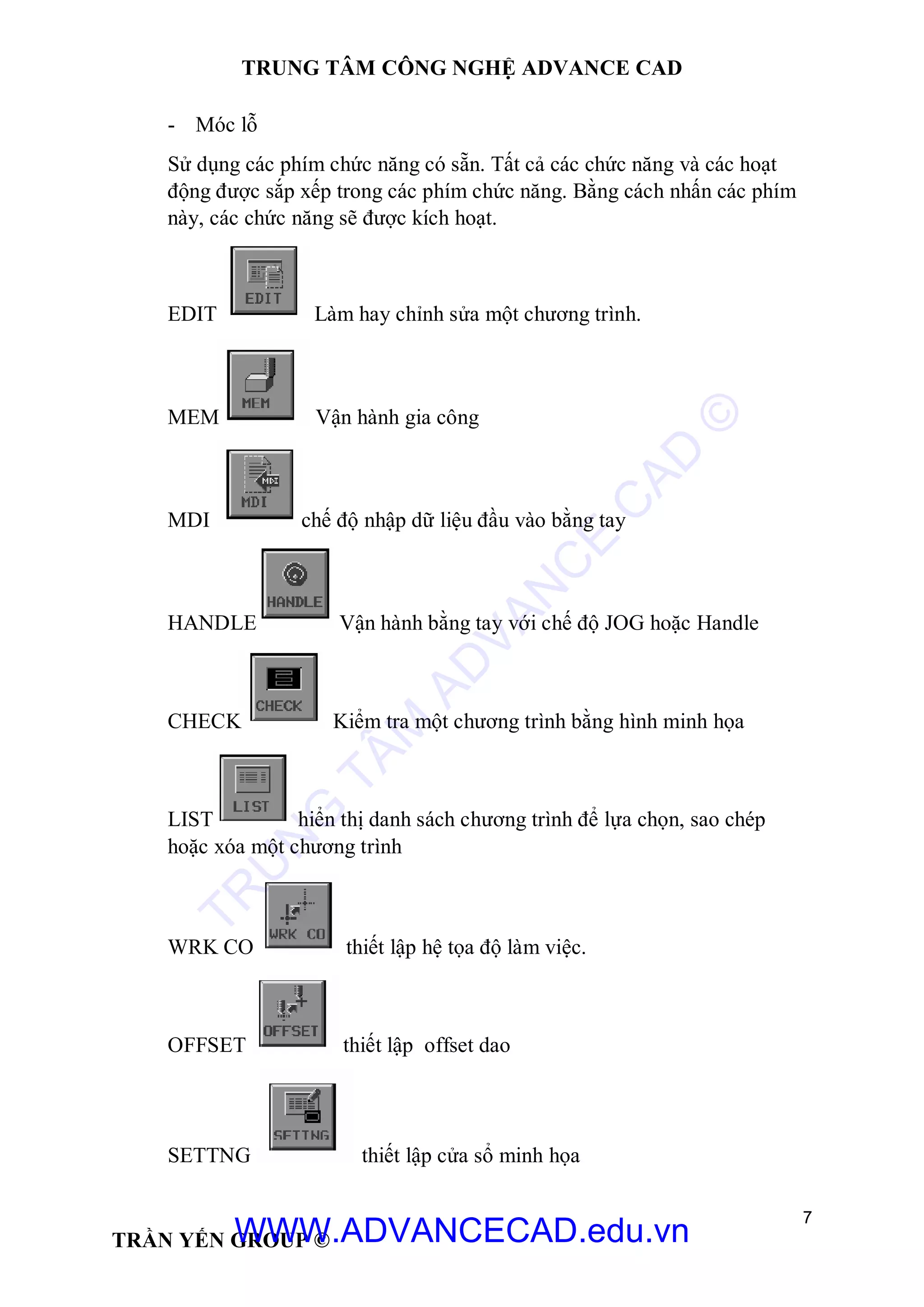 TRUNG TÂM CÔNG NGHỆ ADVANCE CAD
7
TRẦN YẾN GROUP ©
- Móc lỗ
Sử dụng các phím chức năng có sẵn. Tất cả các chức năng và các hoạt
động được sắp xếp trong các phím chức năng. Bằng cách nhấn các phím
này, các chức năng sẽ được kích hoạt.
EDIT Làm hay chỉnh sửa một chương trình.
MEM Vận hành gia công
MDI chế độ nhập dữ liệu đầu vào bằng tay
HANDLE Vận hành bằng tay với chế độ JOG hoặc Handle
CHECK Kiểm tra một chương trình bằng hình minh họa
LIST hiển thị danh sách chương trình để lựa chọn, sao chép
hoặc xóa một chương trình
WRK CO thiết lập hệ tọa độ làm việc.
OFFSET thiết lập offset dao
SETTNG thiết lập cửa sổ minh họa
TR
U
N
G
TÂM
AD
VAN
C
E
C
AD
©
WWW.ADVANCECAD.edu.vn
 