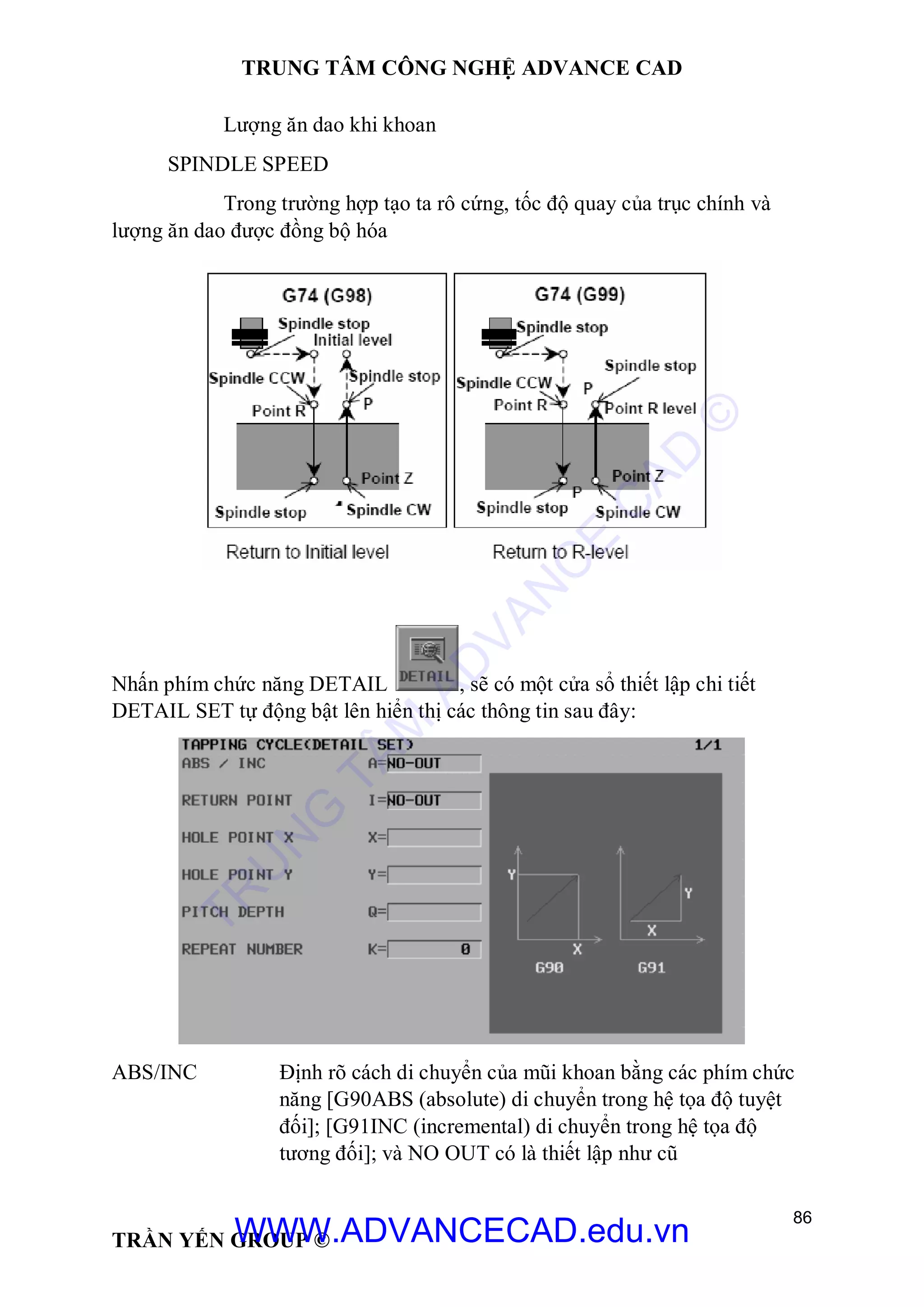 TRUNG TÂM CÔNG NGHỆ ADVANCE CAD
86
TRẦN YẾN GROUP ©
Lượng ăn dao khi khoan
SPINDLE SPEED
Trong trường hợp tạo ta rô cứng, tốc độ quay của trục chính và
lượng ăn dao được đồng bộ hóa
Nhấn phím chức năng DETAIL , sẽ có một cửa sổ thiết lập chi tiết
DETAIL SET tự động bật lên hiển thị các thông tin sau đây:
ABS/INC Định rõ cách di chuyển của mũi khoan bằng các phím chức
năng [G90ABS (absolute) di chuyển trong hệ tọa độ tuyệt
đối]; [G91INC (incremental) di chuyển trong hệ tọa độ
tương đối]; và NO OUT có là thiết lập như cũ
TR
U
N
G
TÂM
AD
VAN
C
E
C
AD
©
WWW.ADVANCECAD.edu.vn
 