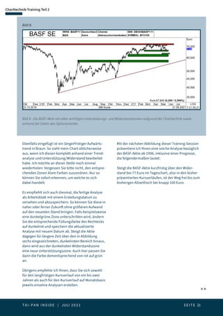 T A I - P A N I N S I D E | JULI 2 0 2 1  S E I T E 21
Charttechnik-Training Teil 2
Bild 8 - Die BASF-Aktie mit allen wichtigen Unterstützungs- und Widerstandszonen aufgrund der Charttechnik sowie
anhand der Daten des Optionsmarkts.
Bild 8:
Ebenfalls eingefügt ist ein längerfristiger Aufwärts-
trend in Braun. So sieht mein Chart üblicherweise
aus, wenn ich diesen komplett anhand einer Trend-
analyse und Unterstützung/Widerstand bearbeitet
habe. Ich möchte an dieser Stelle noch einmal
wiederholen: Vergessen Sie bitte nicht, den entspre-
chenden Zonen klare Farben zuzuordnen. Nur so
können Sie sofort erkennen, um welche es sich
dabei handelt.
Es empfiehlt sich auch diesmal, die fertige Analyse
als Arbeitsblatt mit einem Erstellungsdatum zu
versehen und abzuspeichern. So können Sie diese in
naher oder ferner Zukunft ohne größeren Aufwand
auf den neuesten Stand bringen. Falls beispielsweise
eine dunkelgrüne Zone unterschritten wird, ändern
Sie die entsprechende Füllungsfarbe des Rechtecks
auf dunkelrot und speichern die aktualisierte
Analyse mit neuem Datum ab. Steigt die Aktie
dagegen für längere Zeit über den in Abbildung
sechs eingezeichneten, dunkelroten Bereich hinaus,
dann wird aus der dunkelroten Widerstandszone
eine neue Unterstützungszone. Auch hier passen Sie
dann die Farbe dementsprechend von rot auf grün
an.
Übrigens empfehle ich Ihnen, dass Sie sich sowohl
für den langfristigen Kursverlauf von ein bis zwei
Jahren als auch für den Kursverlauf auf Monatsbasis
jeweils einzelne Analysen erstellen.
Mit der nächsten Abbildung dieser Training-Session
präsentiere ich Ihnen eine solche Analyse bezüglich
der BASF-Aktie ab 1996, inklusive einer Prognose,
die folgendermaßen lautet:
Steigt die BASF-Aktie kurzfristig über den Wider-
stand bei 77 Euro im Tageschart, also in den bisher
präsentierten Kursverläufen, ist der Weg frei bis zum
bisherigen Allzeithoch bei knapp 100 Euro.
 
 