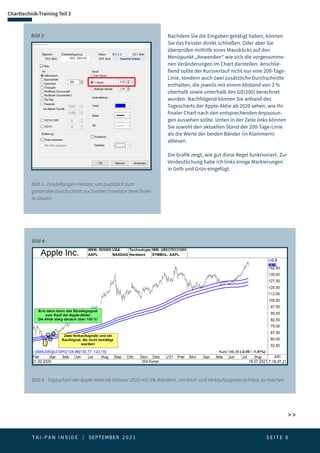 T A I - P A N I N S I D E | SEPTEMBER 2 0 2 1  S E I T E 8
Charttechnik-Training Teil 3
 
Bild 3 - Einstellungen-Fenster, um zusätzlich zum
gleitenden Durchschnitt auch einen Envelope berechnen
zu lassen.
Bild 3: Nachdem Sie die Eingaben getätigt haben, können
Sie das Fenster direkt schließen. Oder aber Sie
überprüfen mithilfe eines Mausklicks auf den
Menüpunkt „Anwenden“ wie sich die vorgenomme-
nen Veränderungen im Chart darstellen. Anschlie-
ßend sollte der Kursverlauf nicht nur eine 200-Tage-
Linie, sondern auch zwei zusätzliche Durchschnitte
enthalten, die jeweils mit einem Abstand von 3 %
oberhalb sowie unterhalb des GD(200) berechnet
wurden. Nachfolgend können Sie anhand des
Tagescharts der Apple-Aktie ab 2020 sehen, wie Ihr
finaler Chart nach den entsprechenden Anpassun-
gen aussehen sollte. Unten in der Zeile links können
Sie sowohl den aktuellen Stand der 200-Tage-Linie
als die Werte der beiden Bänder (in Klammern)
ablesen.
Die Grafik zeigt, wie gut diese Regel funktioniert. Zur
Verdeutlichung habe ich links einige Markierungen
in Gelb und Grün eingefügt.
Bild 4 - Tageschart der Apple-Aktie ab Februar 2020 mit 3%-Bändern, um Kauf- und Verkaufssignale sichtbar zu machen.
Bild 4:
 