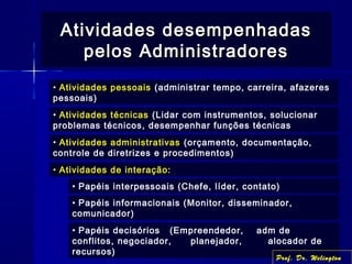 Atividades desempenhadasAtividades desempenhadas
pelos Administradorespelos Administradores
• Papéis decisórios (Empreendedor, adm de
conflitos, negociador, planejador, alocador de
recursos)
• Atividades pessoais (administrar tempo, carreira, afazeres
pessoais)
• Atividades técnicas (Lidar com instrumentos, solucionar
problemas técnicos, desempenhar funções técnicas
• Atividades administrativas (orçamento, documentação,
controle de diretrizes e procedimentos)
• Atividades de interação:
• Papéis interpessoais (Chefe, líder, contato)
• Papéis informacionais (Monitor, disseminador,
comunicador)
Prof. Dr. Welington
 