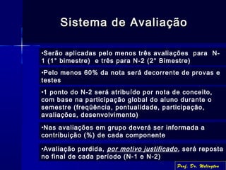 Sistema de AvaliaçãoSistema de Avaliação
•Serão aplicadas pelo menos três avaliações para N-
1 (1° bimestre) e três para N-2 (2° Bimestre)
•Pelo menos 60% da nota será decorrente de provas e
testes
•1 ponto do N-2 será atribuído por nota de conceito,
com base na participação global do aluno durante o
semestre (freqüência, pontualidade, participação,
avaliações, desenvolvimento)
•Nas avaliações em grupo deverá ser informada a
contribuição (%) de cada componente
•Avaliação perdida, por motivo justificado, será reposta
no final de cada período (N-1 e N-2)
Prof. Dr. Welington
 