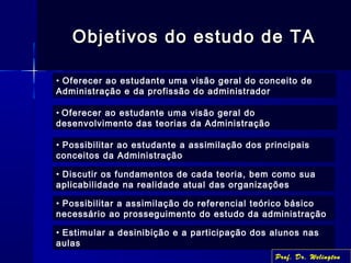 Objetivos do estudo de TAObjetivos do estudo de TA
• Oferecer ao estudante uma visão geral do
desenvolvimento das teorias da Administração
• Possibilitar ao estudante a assimilação dos principais
conceitos da Administração
• Discutir os fundamentos de cada teoria, bem como sua
aplicabilidade na realidade atual das organizações
• Possibilitar a assimilação do referencial teórico básico
necessário ao prosseguimento do estudo da administração
• Estimular a desinibição e a participação dos alunos nas
aulas
• Oferecer ao estudante uma visão geral do conceito de
Administração e da profissão do administrador
Prof. Dr. Welington
 