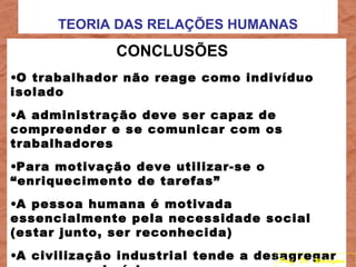TEORIA DAS RELAÇÕES HUMANAS
CONCLUSÕES
•O trabalhador não reage como indivíduo
isolado
•A administração deve ser capaz de
compreender e se comunicar com os
trabalhadores
•Para motivação deve utilizar-se o
“enriquecimento de tarefas”
•A pessoa humana é motivada
essencialmente pela necessidade social
(estar junto, ser reconhecida)
•A civilização industrial tende a desagregarProf. Dr. Welington
 