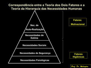 Correspondência entre a Teoria dos Dois Fatores e a
Teoria da Hierarquia das Necessidades Humanas
Necessidades Fisiológicas
Necessidades de Segurança
Necessidades Sociais
Necessidades de
Estima
Nec. de
Auto-Realização
Fatores
Motivacional
Fatores
Higiênicos
Prof. Dr. Welington
 