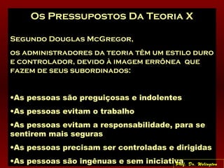 Os Pressupostos Da Teoria X
Segundo Douglas McGregor,
os administradores da teoria têm um estilo duro
e controlador, devido à imagem errônea que
fazem de seus subordinados:
•As pessoas são preguiçosas e indolentes
•As pessoas evitam o trabalho
•As pessoas evitam a responsabilidade, para se
sentirem mais seguras
•As pessoas precisam ser controladas e dirigidas
•As pessoas são ingênuas e sem iniciativaProf. Dr. Welington
 