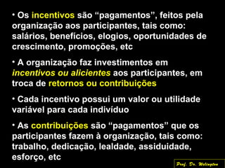 • Os incentivos são “pagamentos”, feitos pela
organização aos participantes, tais como:
salários, benefícios, elogios, oportunidades de
crescimento, promoções, etc
• A organização faz investimentos em
incentivos ou alicientes aos participantes, em
troca de retornos ou contribuições
• Cada incentivo possui um valor ou utilidade
variável para cada indivíduo
• As contribuições são “pagamentos” que os
participantes fazem à organização, tais como:
trabalho, dedicação, lealdade, assiduidade,
esforço, etc
Prof. Dr. Welington
 