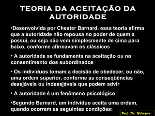 TEORIA DA ACEITAÇÃO DA
AUTORIDADE
•Desenvolvida por Chester Barnard, essa teoria afirma
que a autoridade não repousa no poder de quem a
possui, ou seja não vem simplesmente de cima para
baixo, conforme afirmavam os clássicos
• A autoridade se fundamenta na aceitação ou no
consentimento dos subordinados
• Os indivíduos tomam a decisão de obedecer, ou não,
uma ordem superior, conforme as conseqüências
desejáveis ou indesejáveis que podem advir
• A autoridade é um fenômeno psicológico
•Segundo Barnard, um indivíduo aceita uma ordem,
quando ocorrem as seguintes condições:
Prof. Dr. Welington
 
