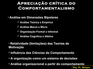 Apreciação crítica do
Comportamentalismo
• Análise em Dimensões Bipolares
 Análise Teórica x Empírica
 Análise Macro x Micro
 Organização Formal x Informal
 Análise Cognitiva x Afetiva
• Relatividade (limitações) das Teorias de
Motivação
• Influência das Ciências do Comportamento
• A organização como um sistema de decisões
• Análise organizacional a partir do comportamento
Prof. Dr. Welington
 