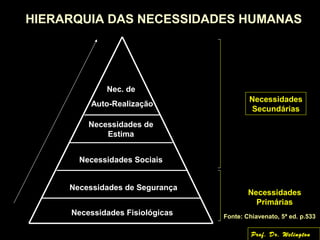 HIERARQUIA DAS NECESSIDADES HUMANAS
Necessidades Fisiológicas
Necessidades de Segurança
Necessidades Sociais
Necessidades de
Estima
Nec. de
Auto-Realização
Necessidades
Primárias
Necessidades
Secundárias
Fonte: Chiavenato, 5ª ed. p.533
Prof. Dr. Welington
 